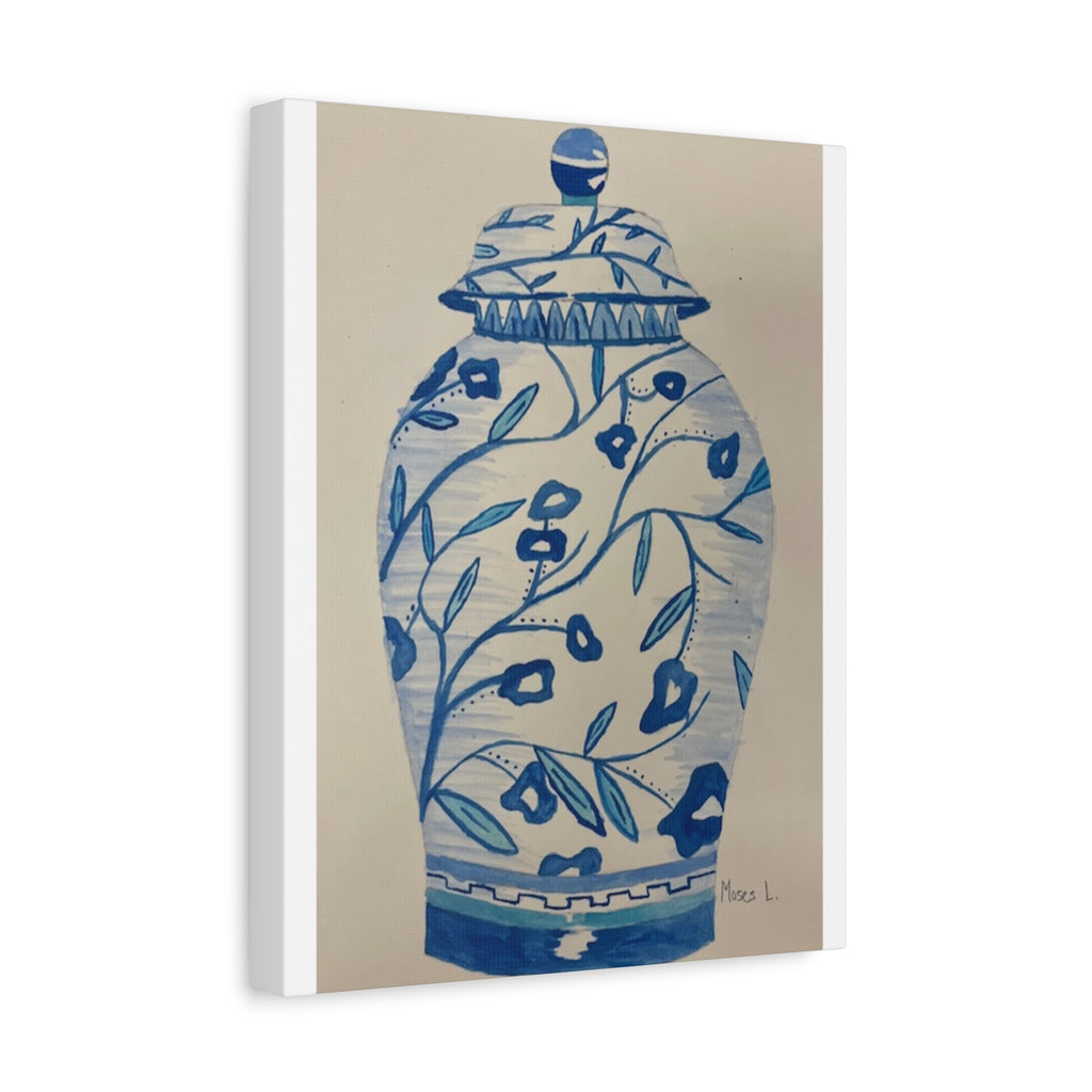 Decorative Canvas Art Print - Blue Floral Vase - BY Moses Lopez