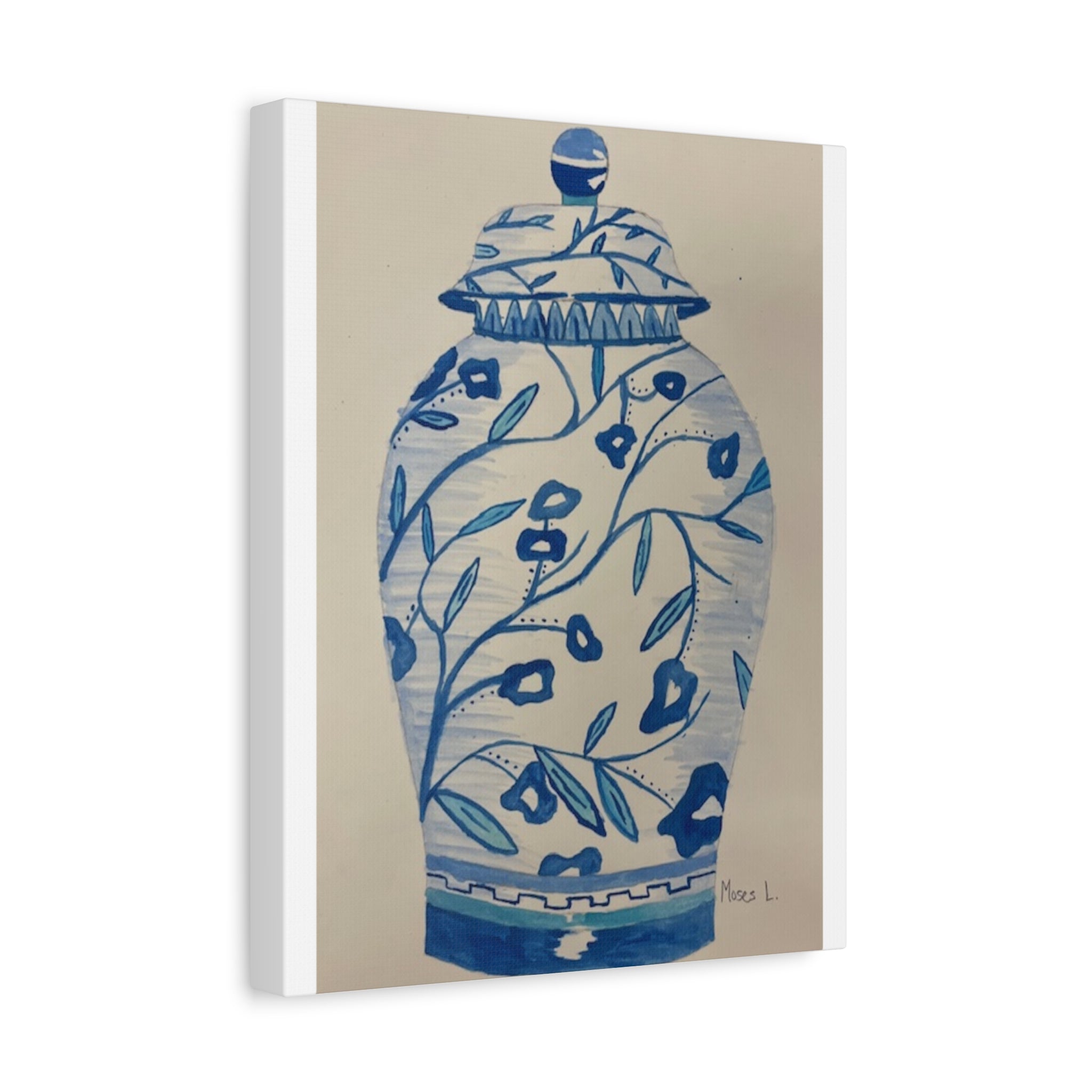 Decorative Canvas Art Print - Blue Floral Vase - BY Moses Lopez