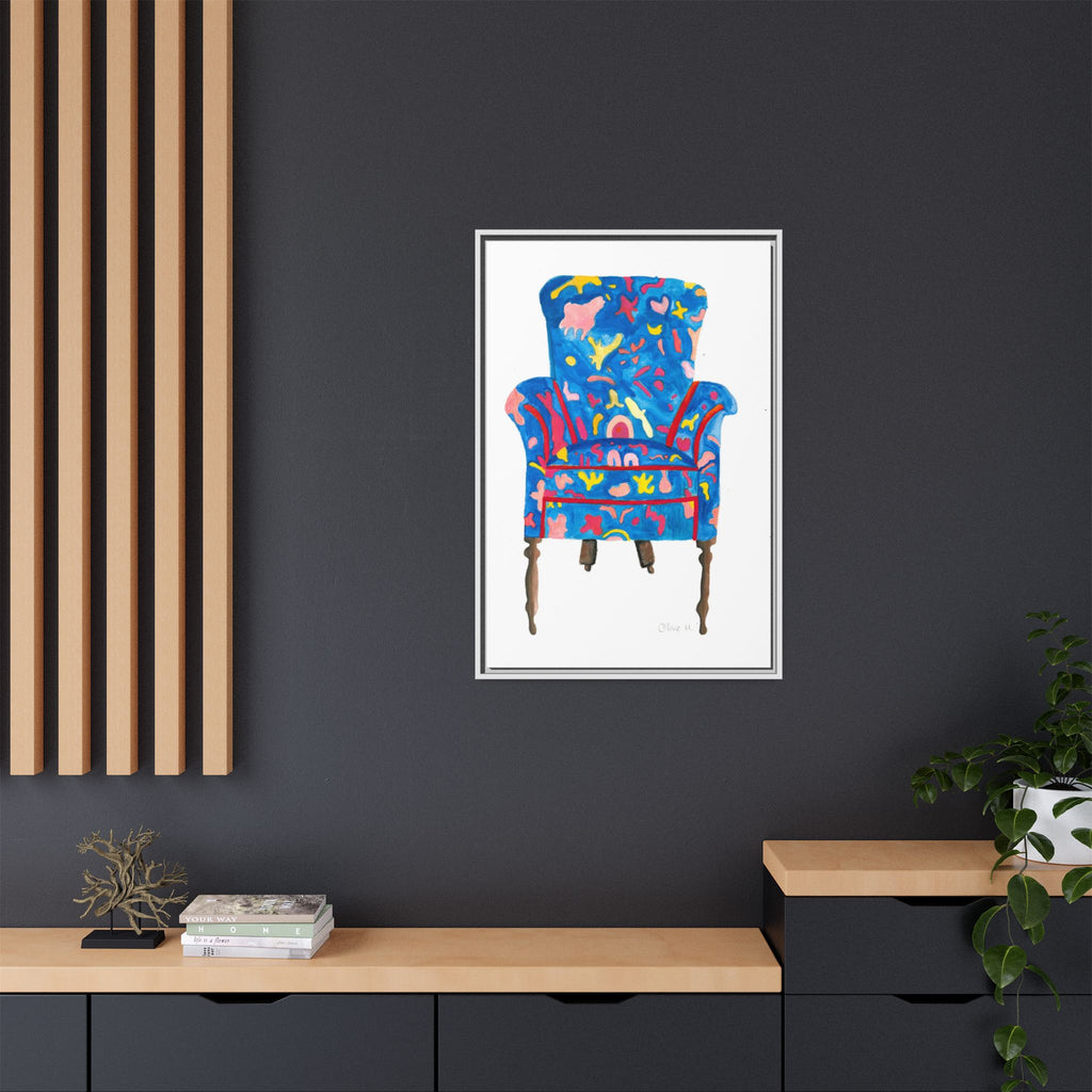 Framed Bright Blue Armchair Canvas Print — Colorful Floral Accent Art - By Olive Highfield