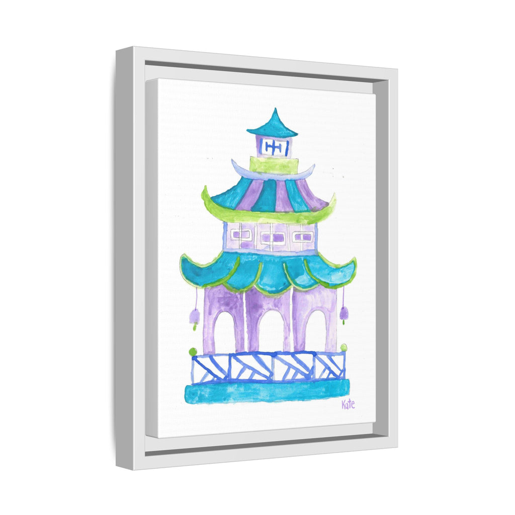 Pagoda Watercolor Wall Art — Framed Matte Canvas Print (Teal & Lavender) - By Kate
