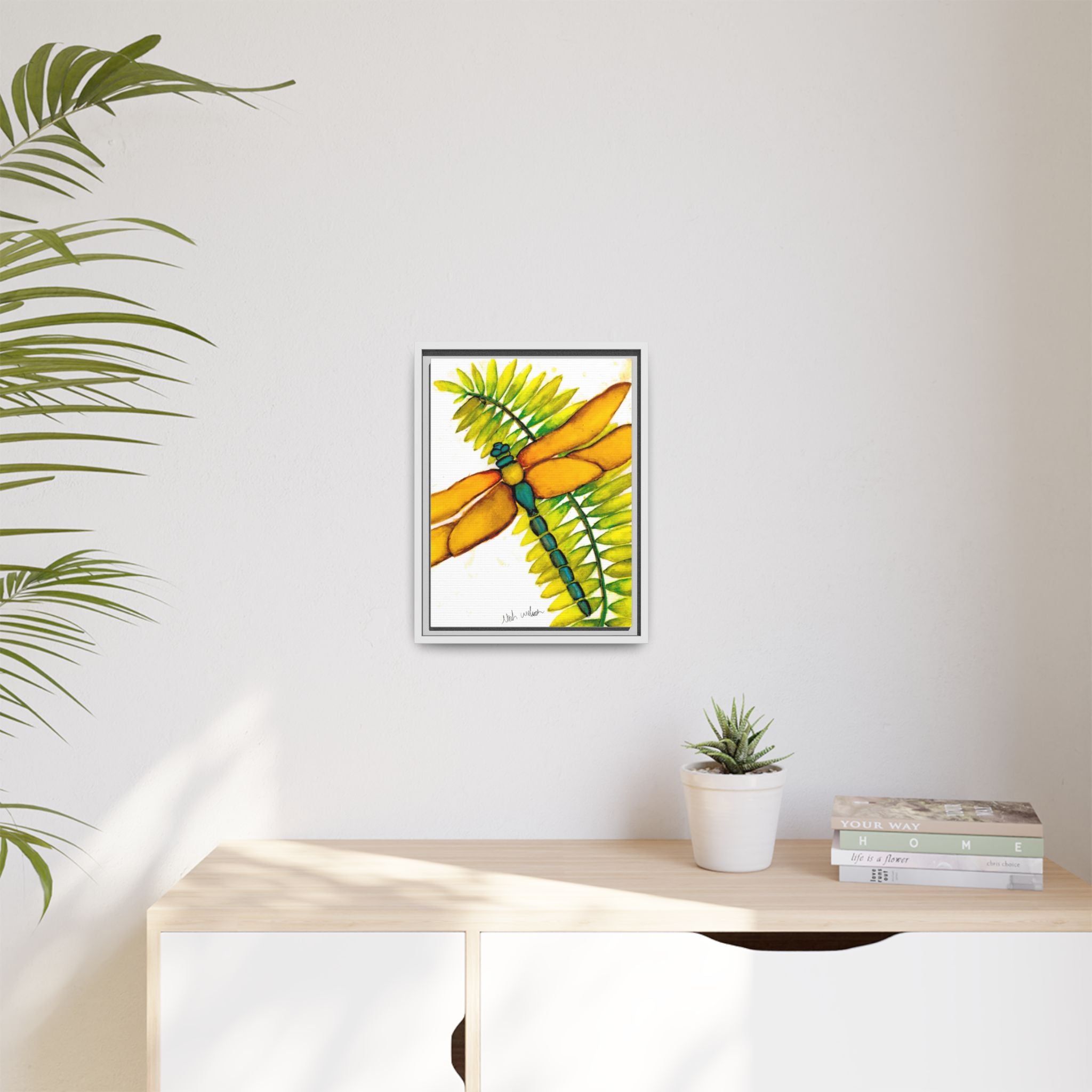 Framed Dragonfly Art Print - Tropical Yellow Green Matte Canvas - By Noah Wilson