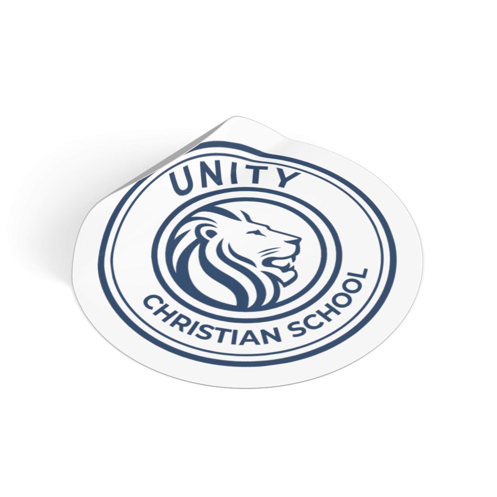 Round Unity Christian School Logo Sticker — Lion Emblem Vinyl Sticker