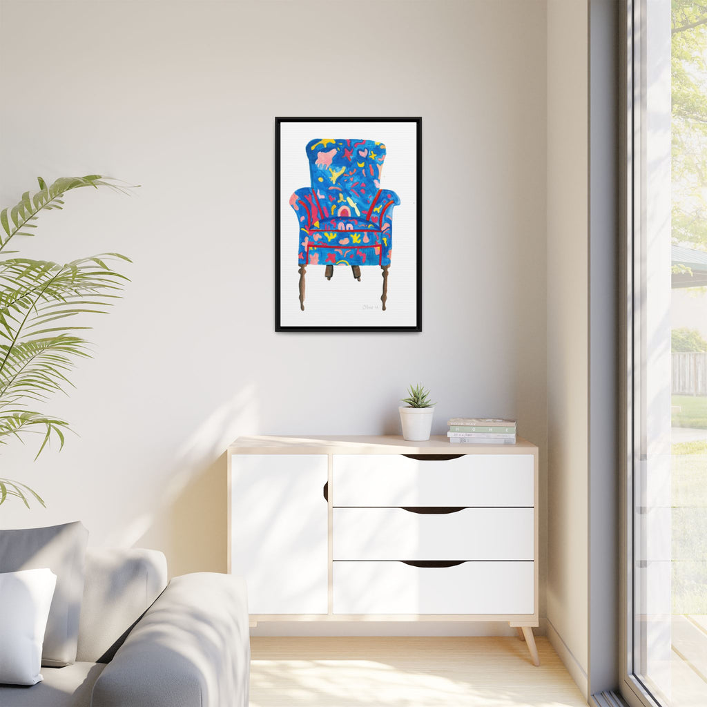 Framed Bright Blue Armchair Canvas Print — Colorful Floral Accent Art - By Olive Highfield