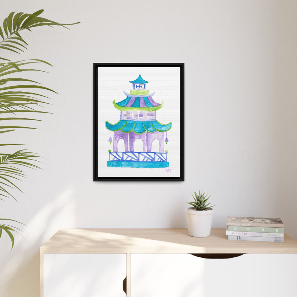 Pagoda Watercolor Wall Art — Framed Matte Canvas Print (Teal & Lavender) - By Kate