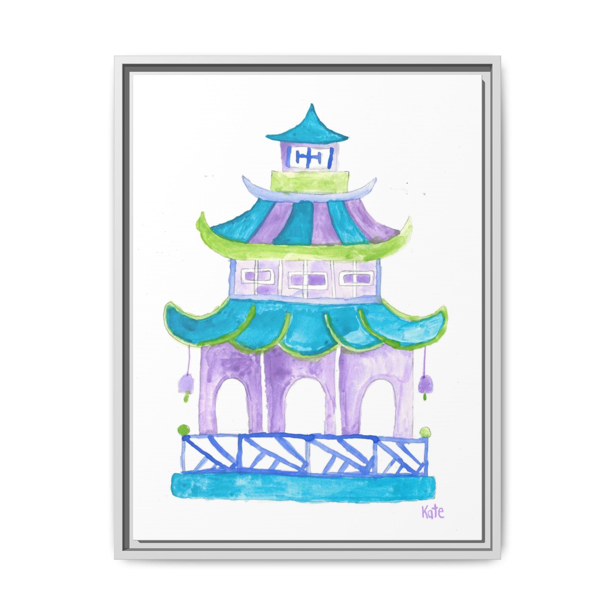 Pagoda Watercolor Wall Art — Framed Matte Canvas Print (Teal & Lavender) - By Kate