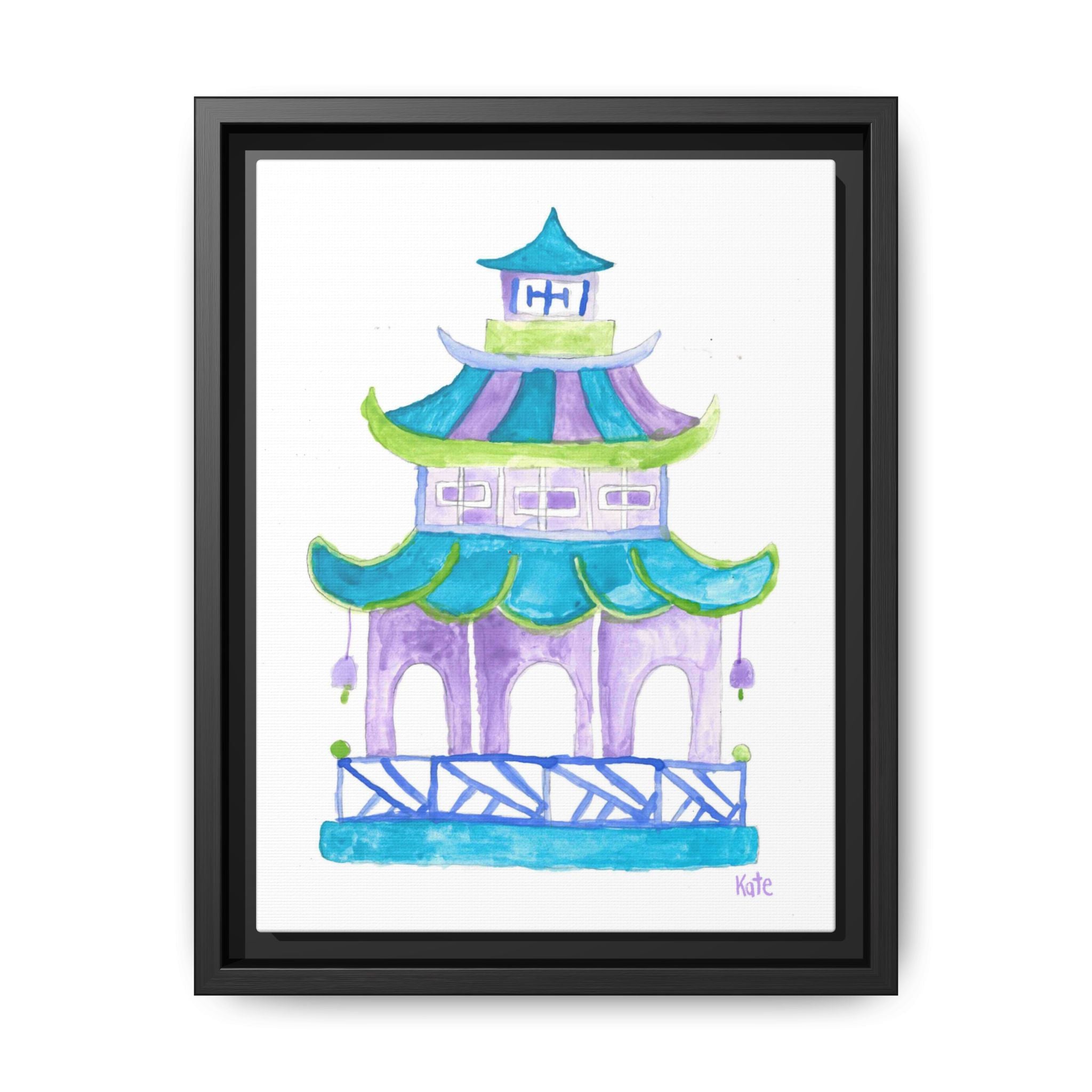 Pagoda Watercolor Wall Art — Framed Matte Canvas Print (Teal & Lavender) - By Kate
