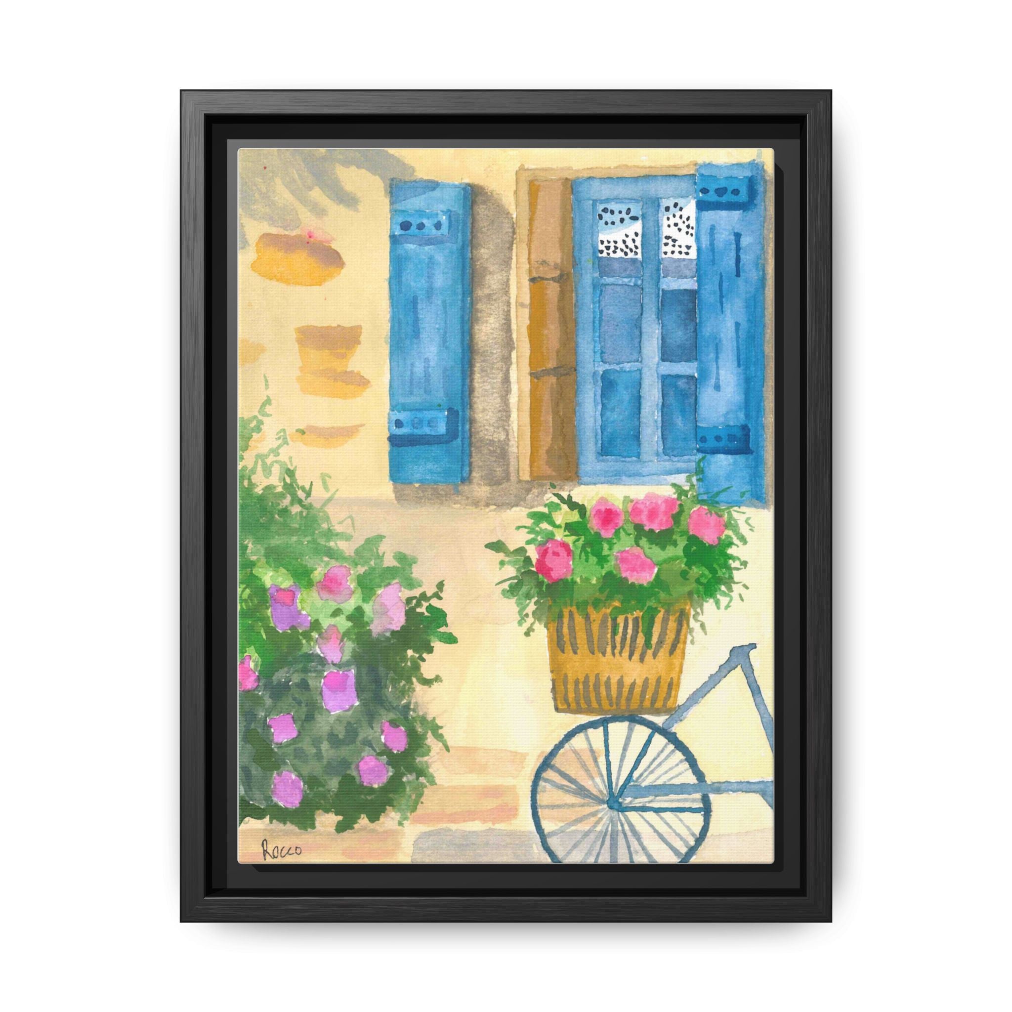 Framed Canvas Art — Bicycle by Blue Shutter Window, Floral Cottage Wall Decor by Rocco Scoggins