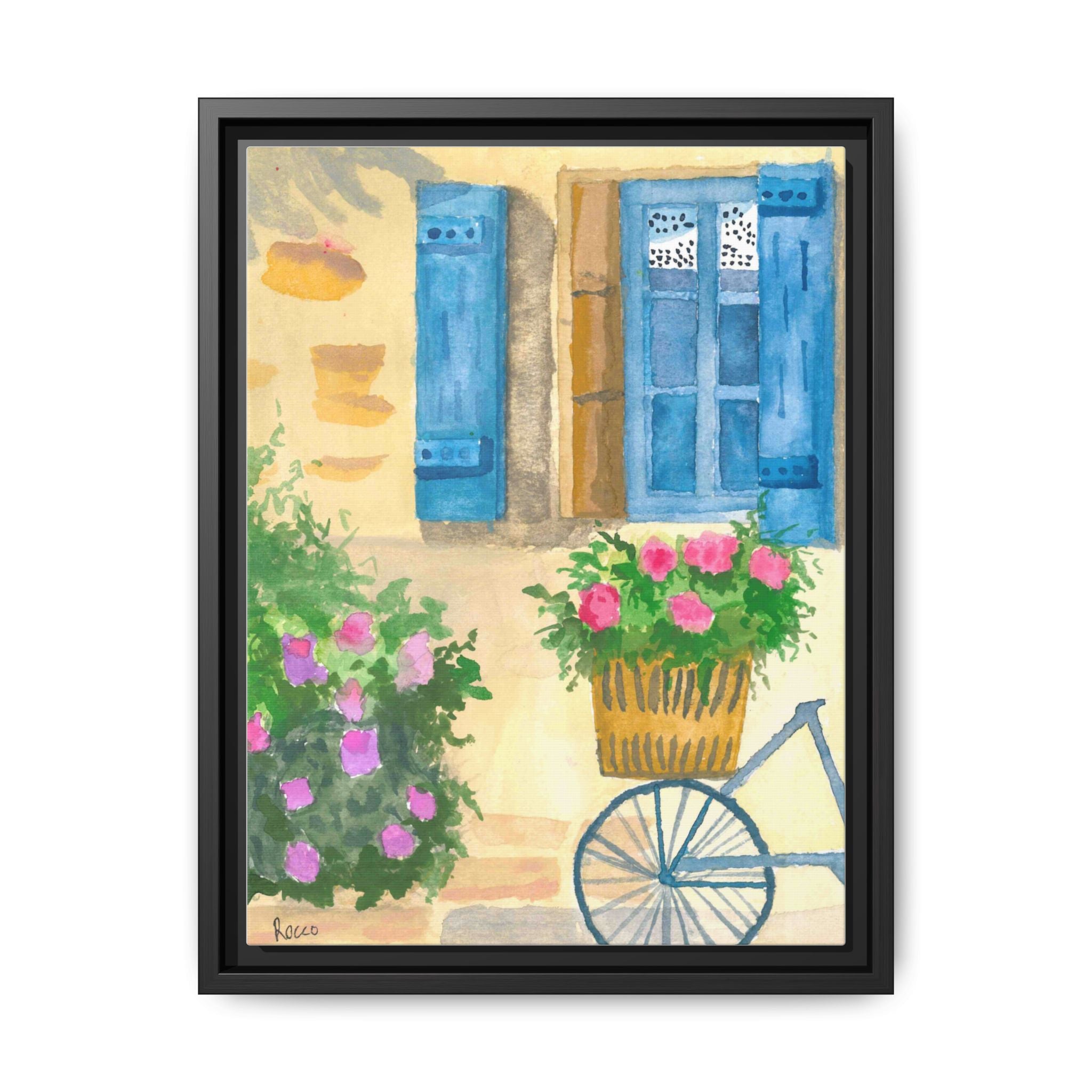 Framed Canvas Art — Bicycle by Blue Shutter Window, Floral Cottage Wall Decor by Rocco Scoggins