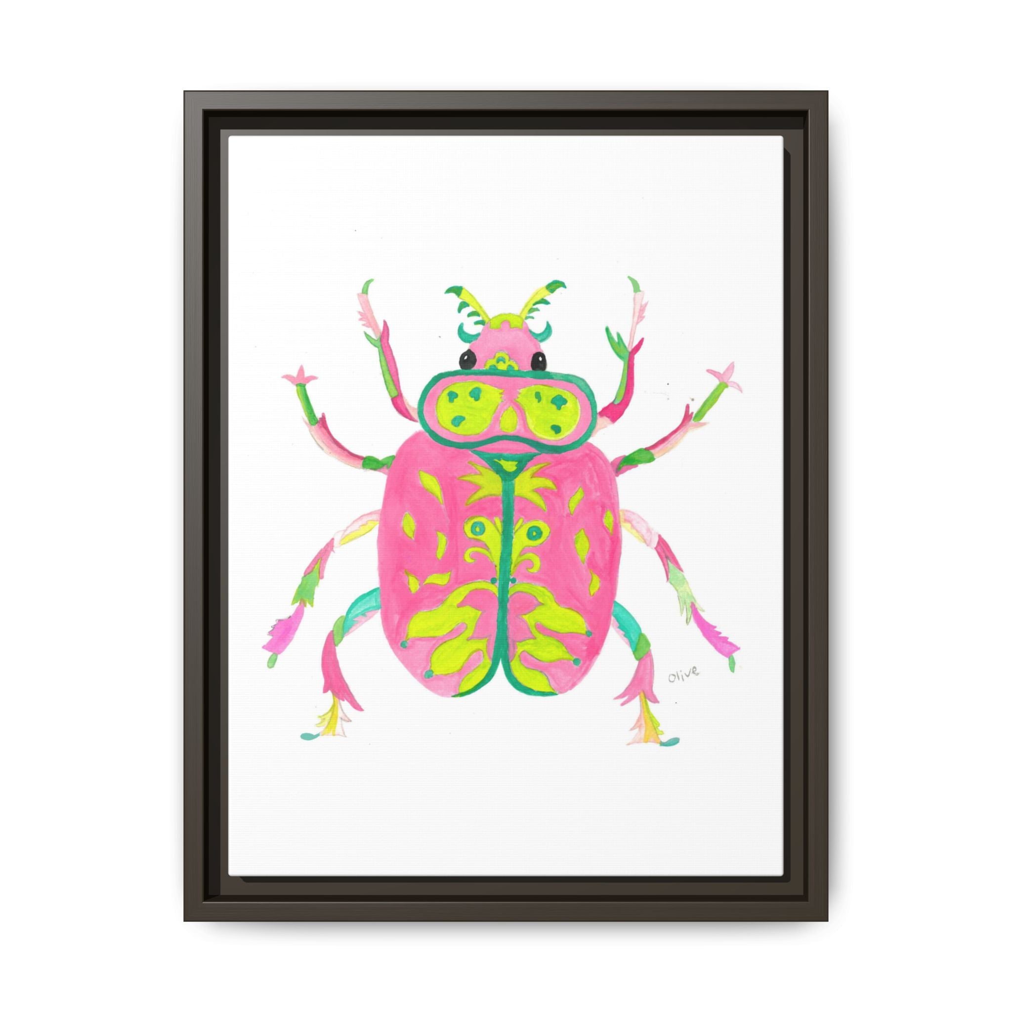 Neon Beetle Framed Canvas Print — Vibrant Pink & Lime Bug Wall Art - By Olive Highfield