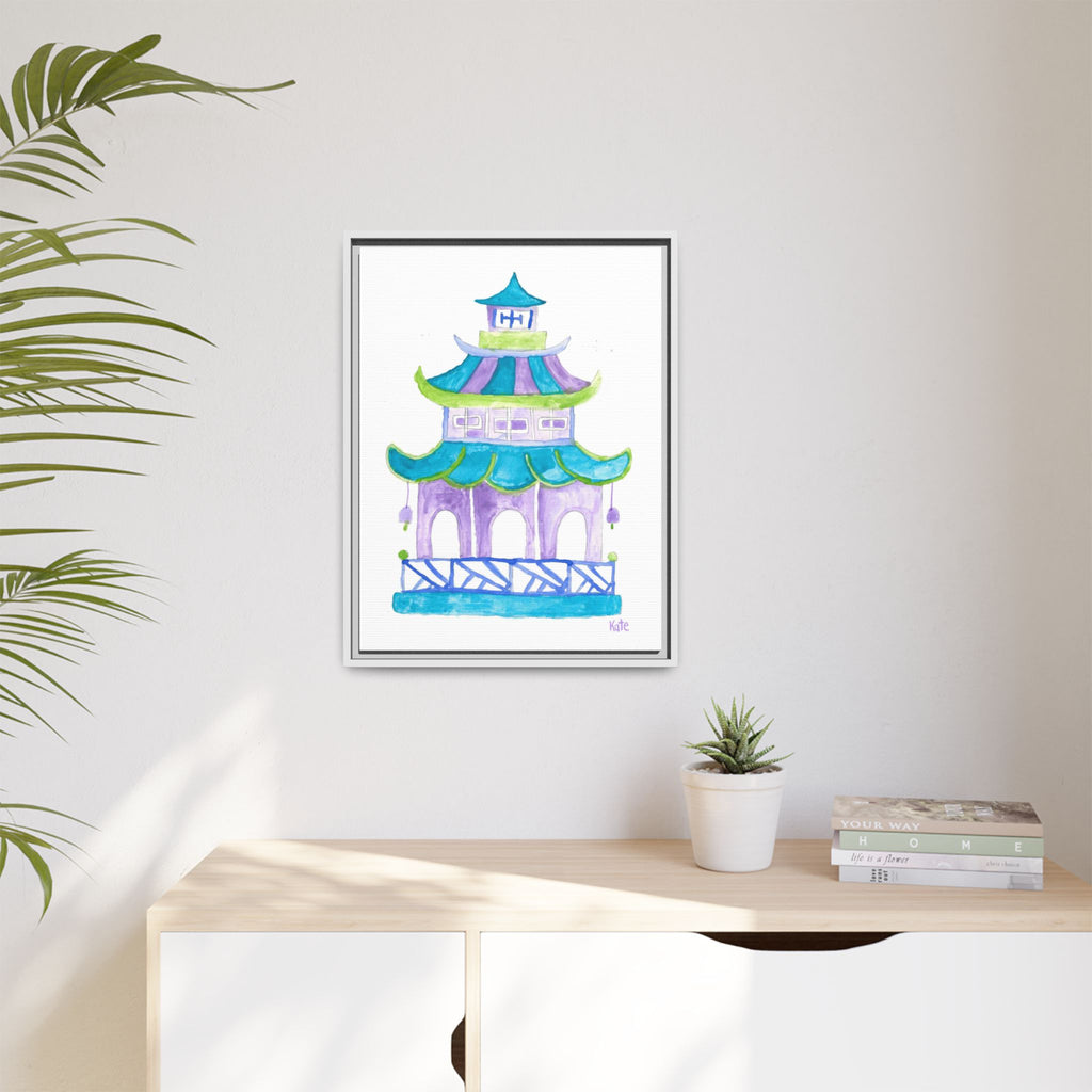 Pagoda Watercolor Wall Art — Framed Matte Canvas Print (Teal & Lavender) - By Kate