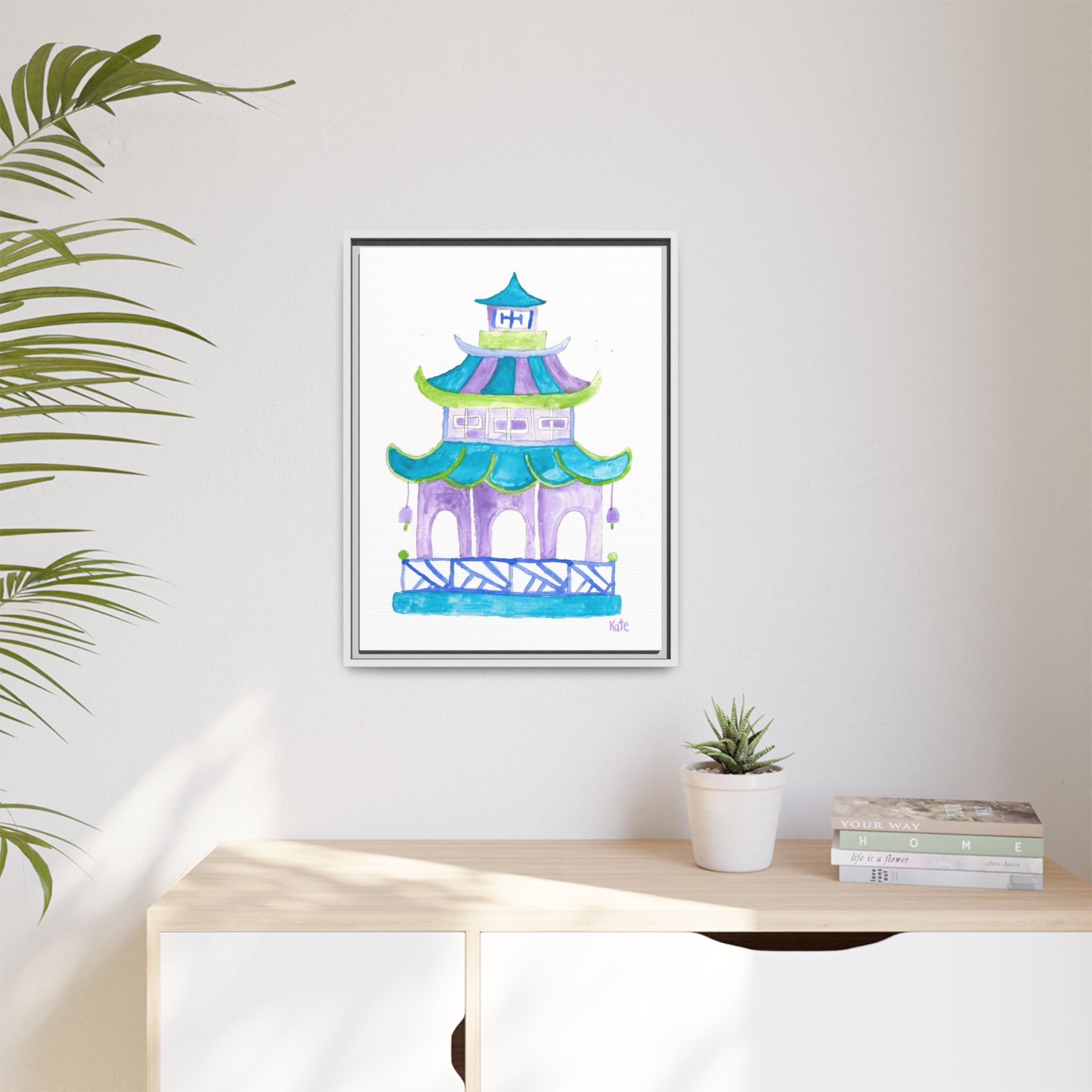 Pagoda Watercolor Wall Art — Framed Matte Canvas Print (Teal & Lavender) - By Kate