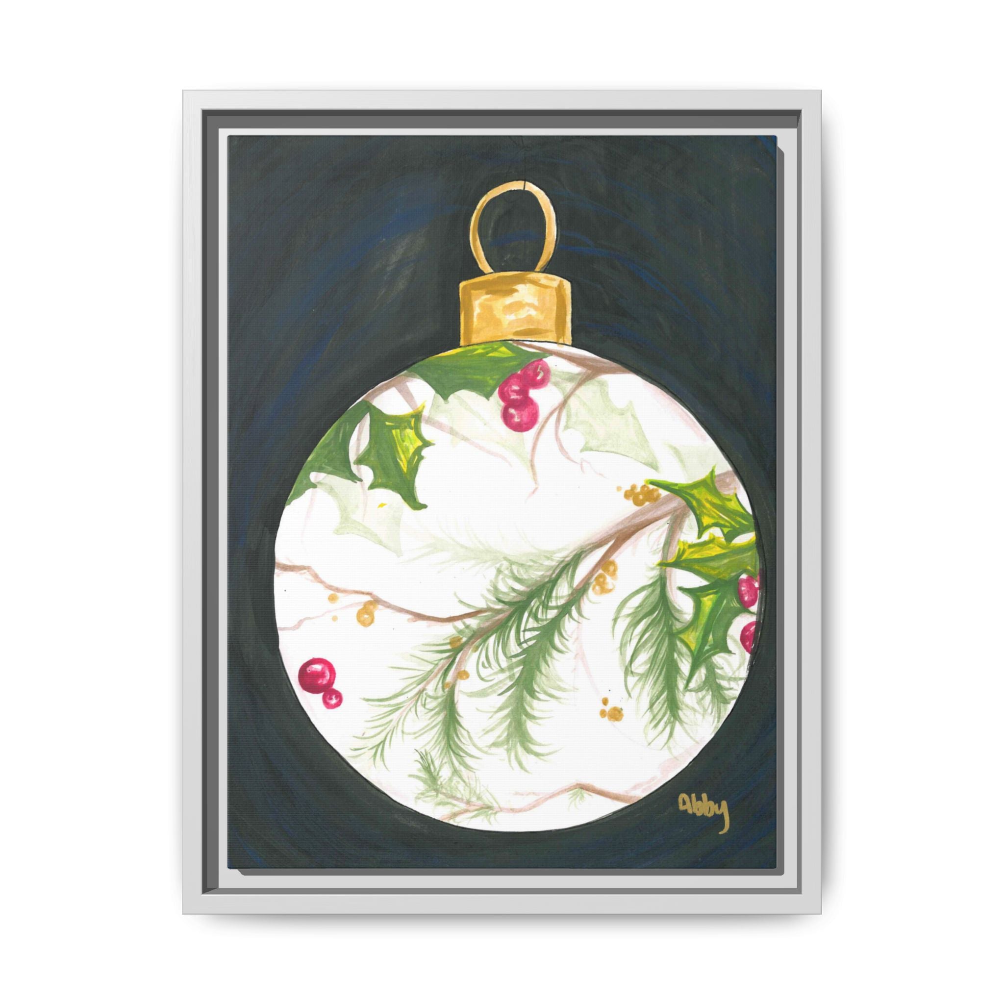 Framed Christmas Ornament Art Print — Holiday Holly & Pine Matte Canvas - By ABBY SANDI