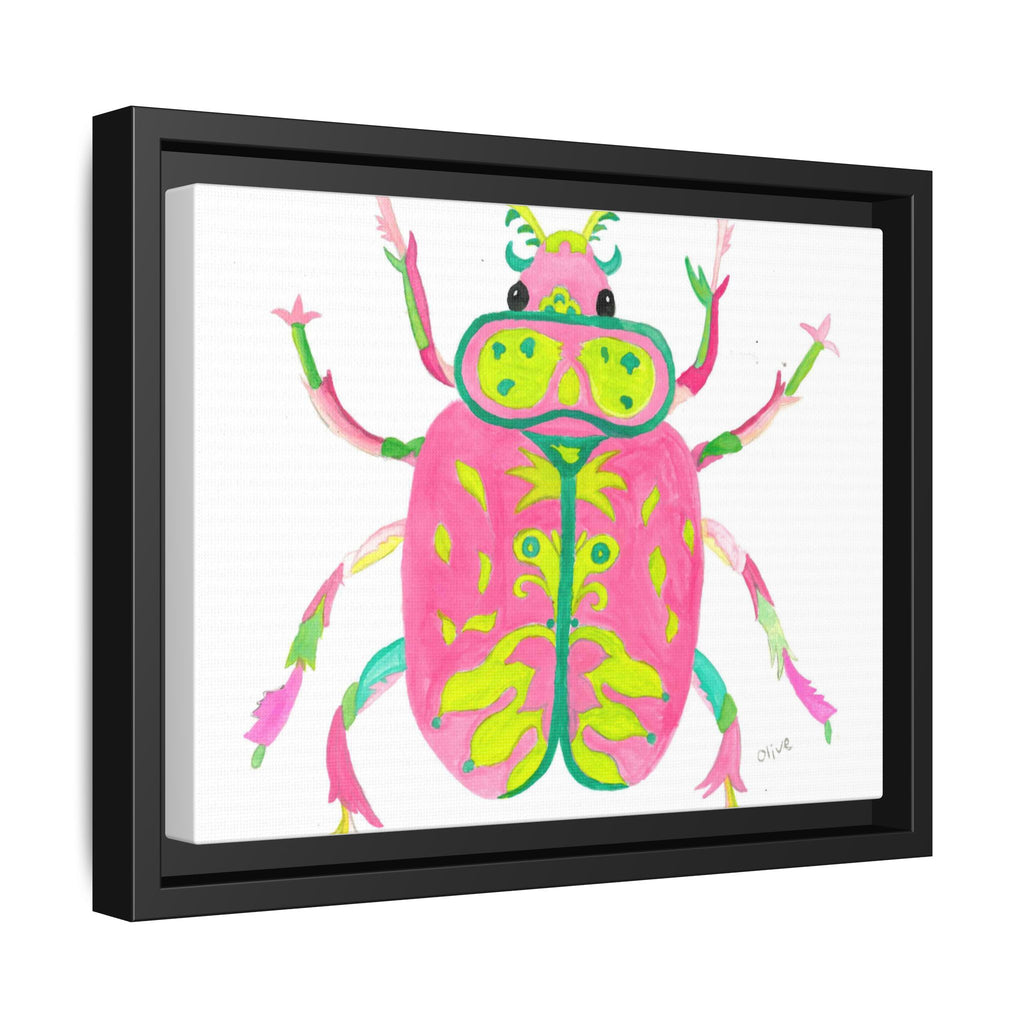 Neon Beetle Framed Canvas Print — Vibrant Pink & Lime Bug Wall Art - By Olive Highfield