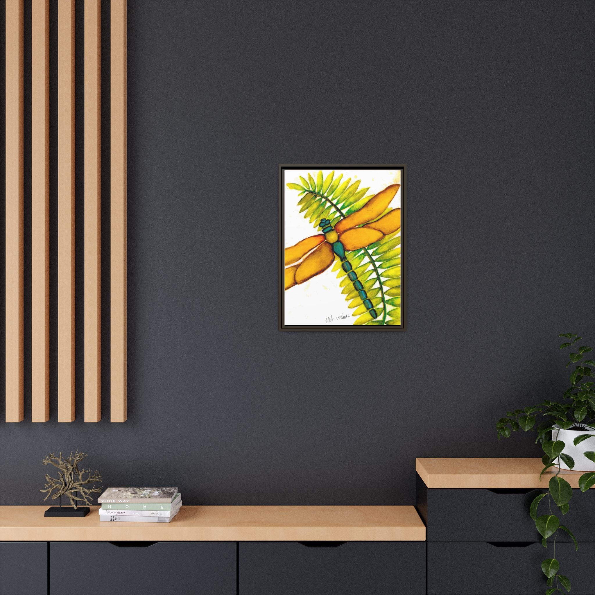 Framed Dragonfly Art Print - Tropical Yellow Green Matte Canvas - By Noah Wilson