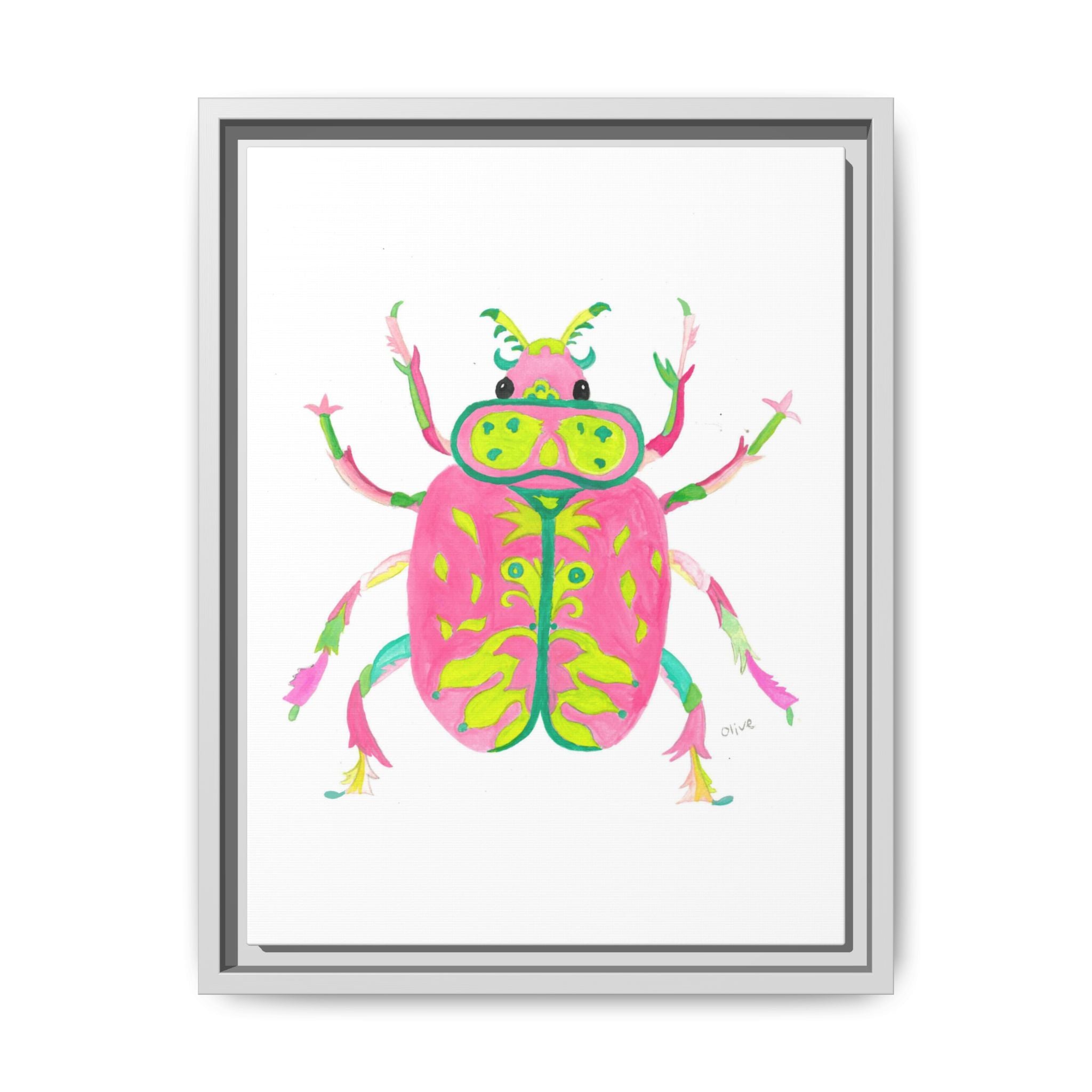 Neon Beetle Framed Canvas Print — Vibrant Pink & Lime Bug Wall Art - By Olive Highfield