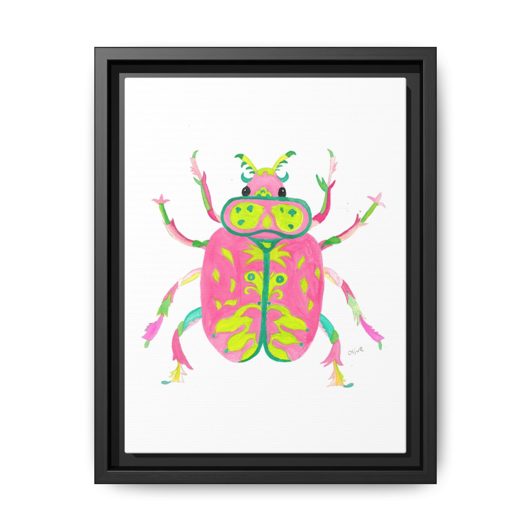 Neon Beetle Framed Canvas Print — Vibrant Pink & Lime Bug Wall Art - By Olive Highfield