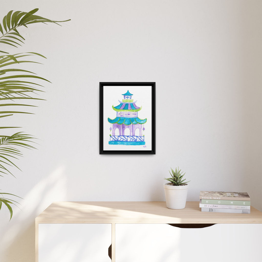 Pagoda Watercolor Wall Art — Framed Matte Canvas Print (Teal & Lavender) - By Kate
