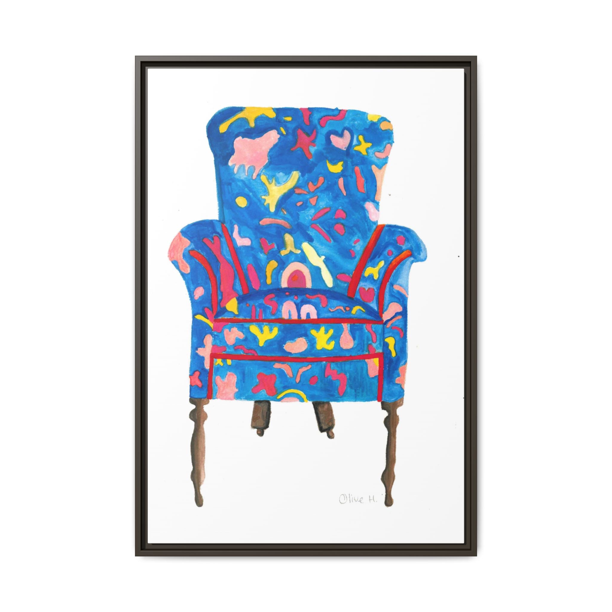 Framed Bright Blue Armchair Canvas Print — Colorful Floral Accent Art - By Olive Highfield