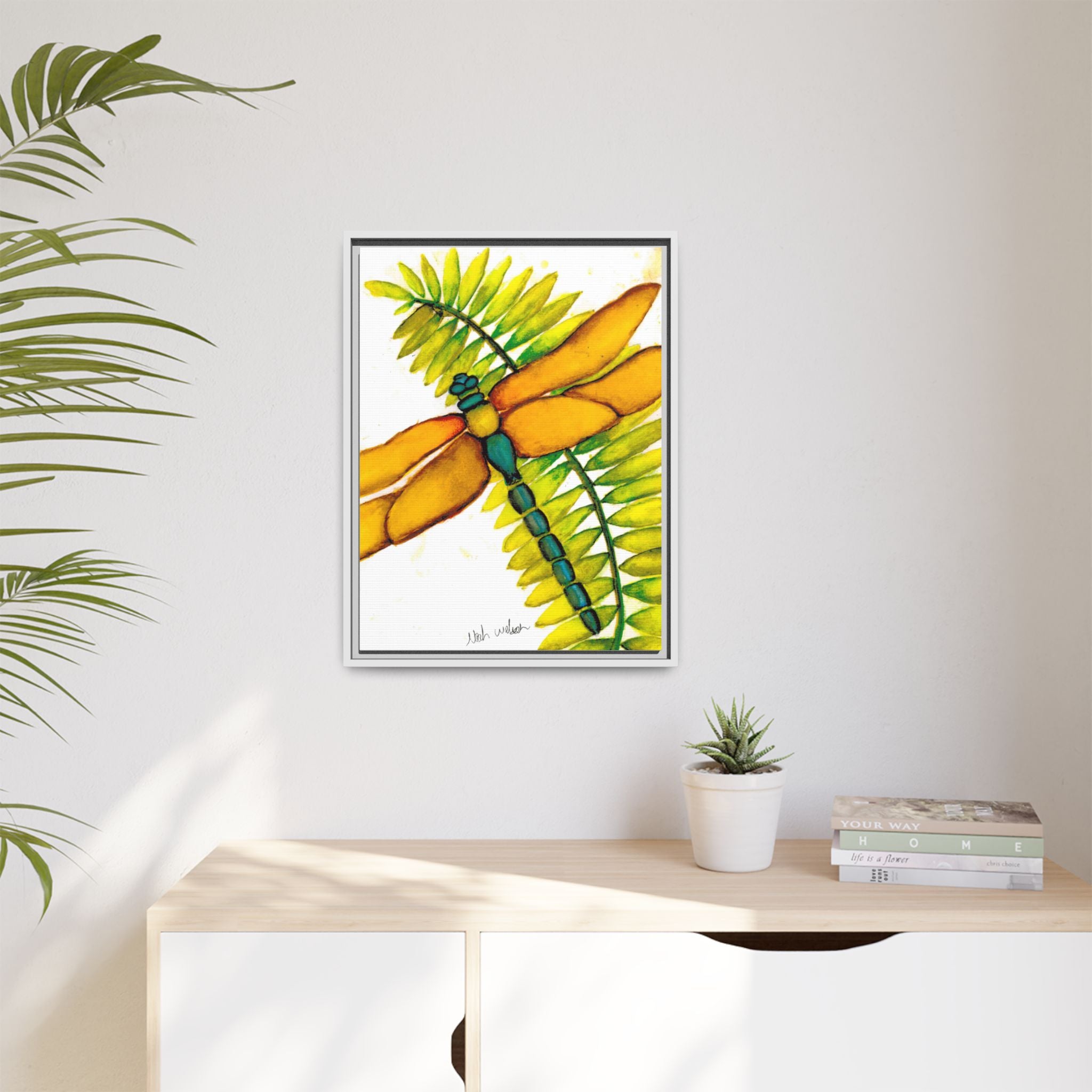 Framed Dragonfly Art Print - Tropical Yellow Green Matte Canvas - By Noah Wilson