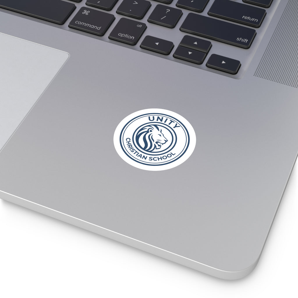 Round Unity Christian School Logo Sticker — Lion Emblem Vinyl Sticker