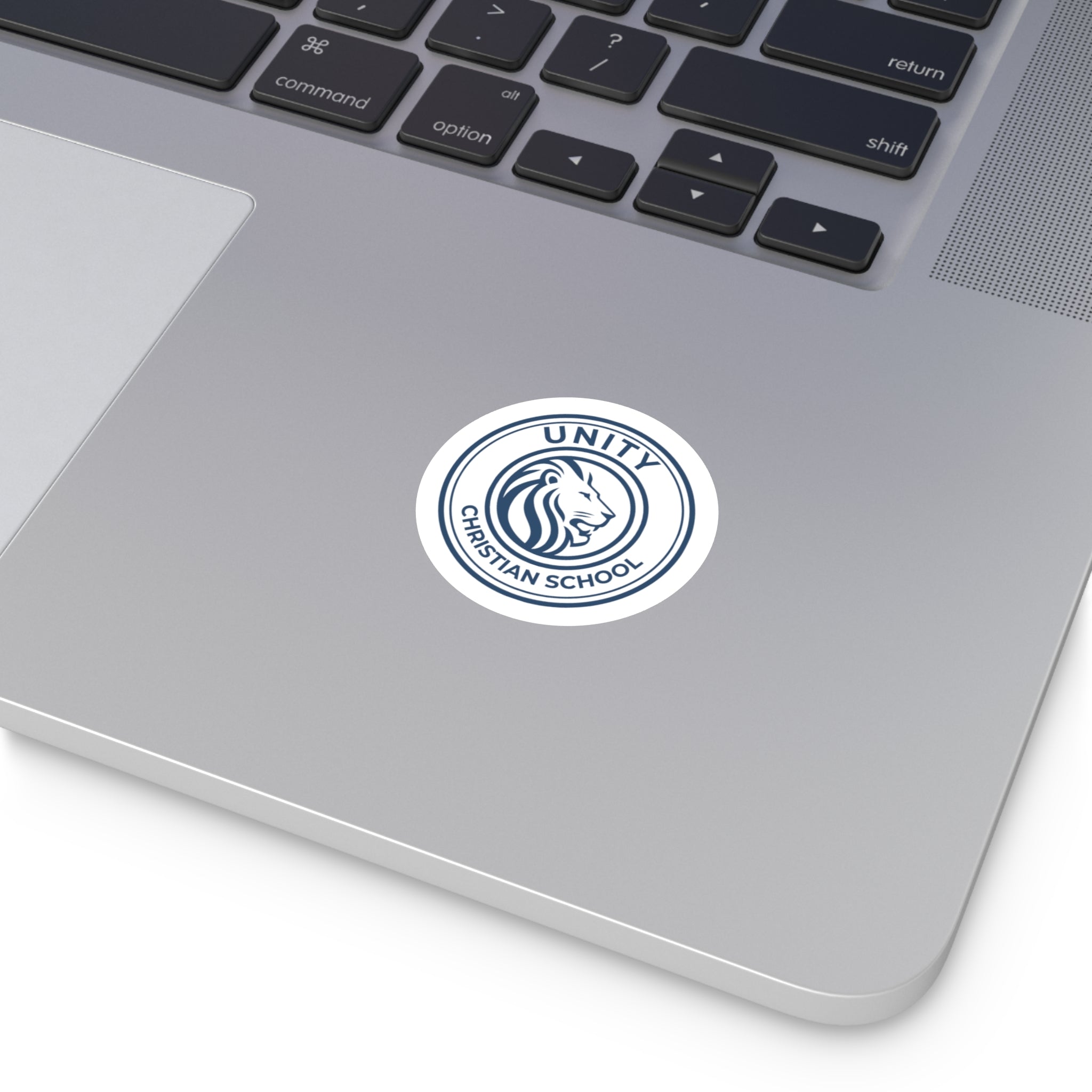 Round Unity Christian School Logo Sticker — Lion Emblem Vinyl Sticker