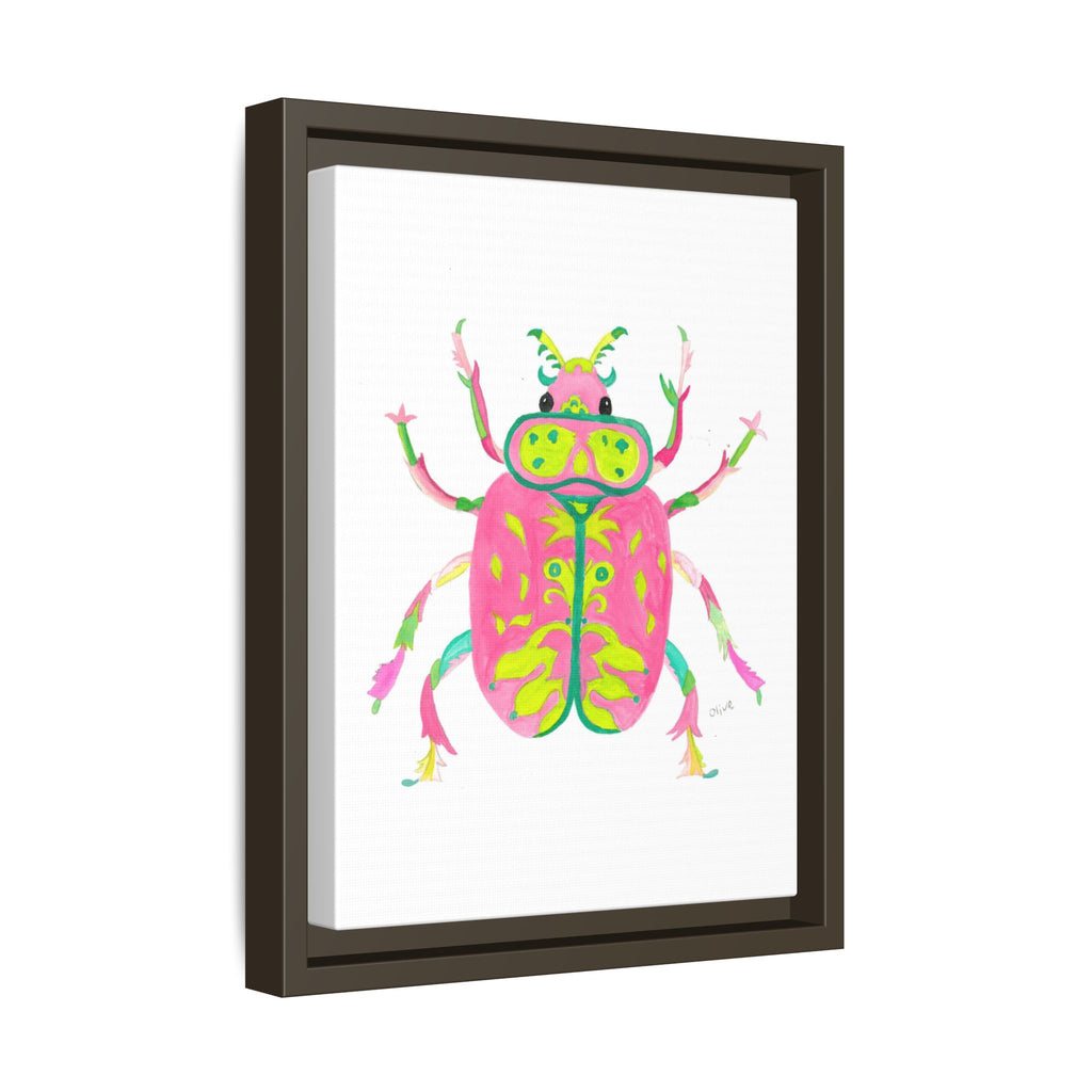 Neon Beetle Framed Canvas Print — Vibrant Pink & Lime Bug Wall Art - By Olive Highfield
