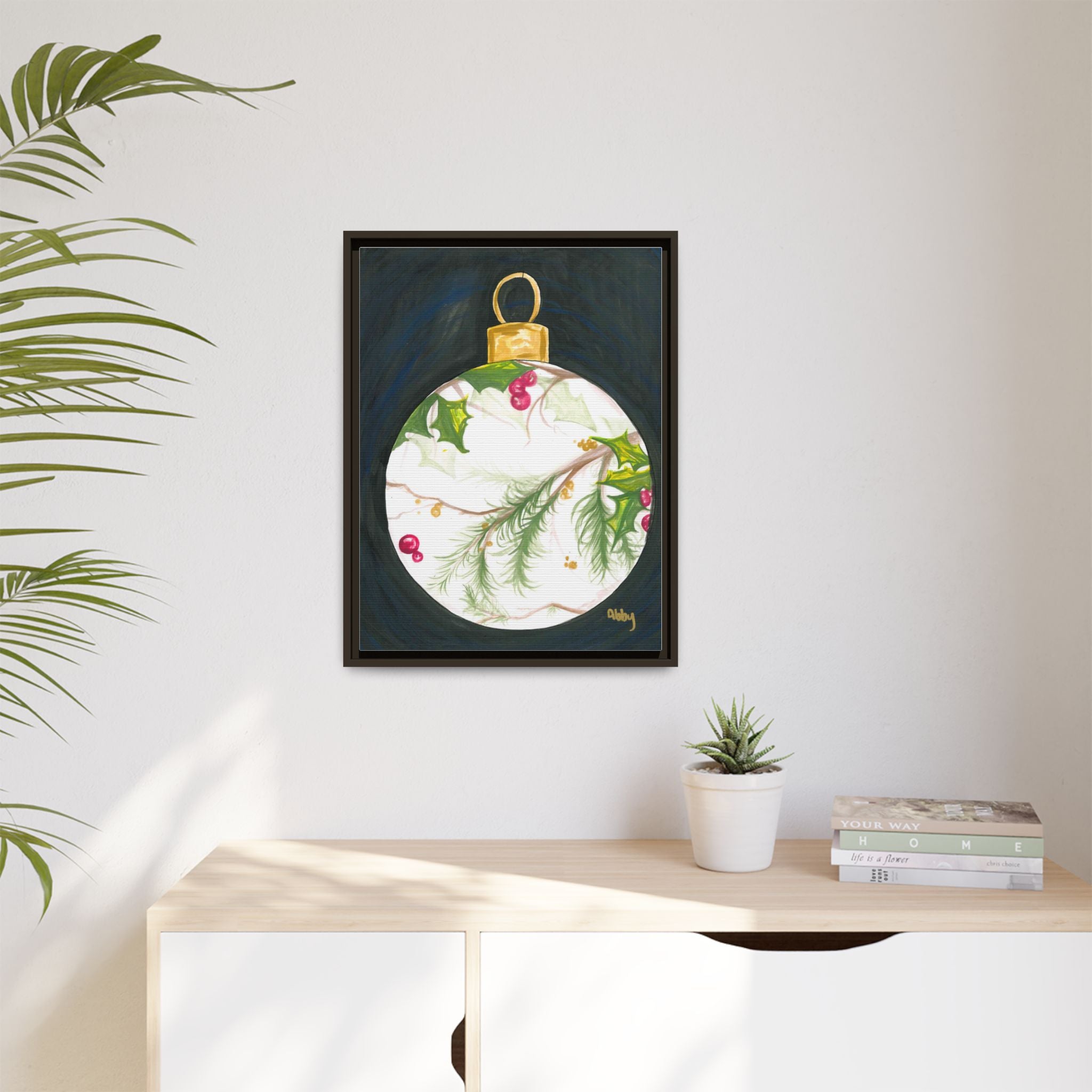 Framed Christmas Ornament Art Print — Holiday Holly & Pine Matte Canvas - By ABBY SANDI