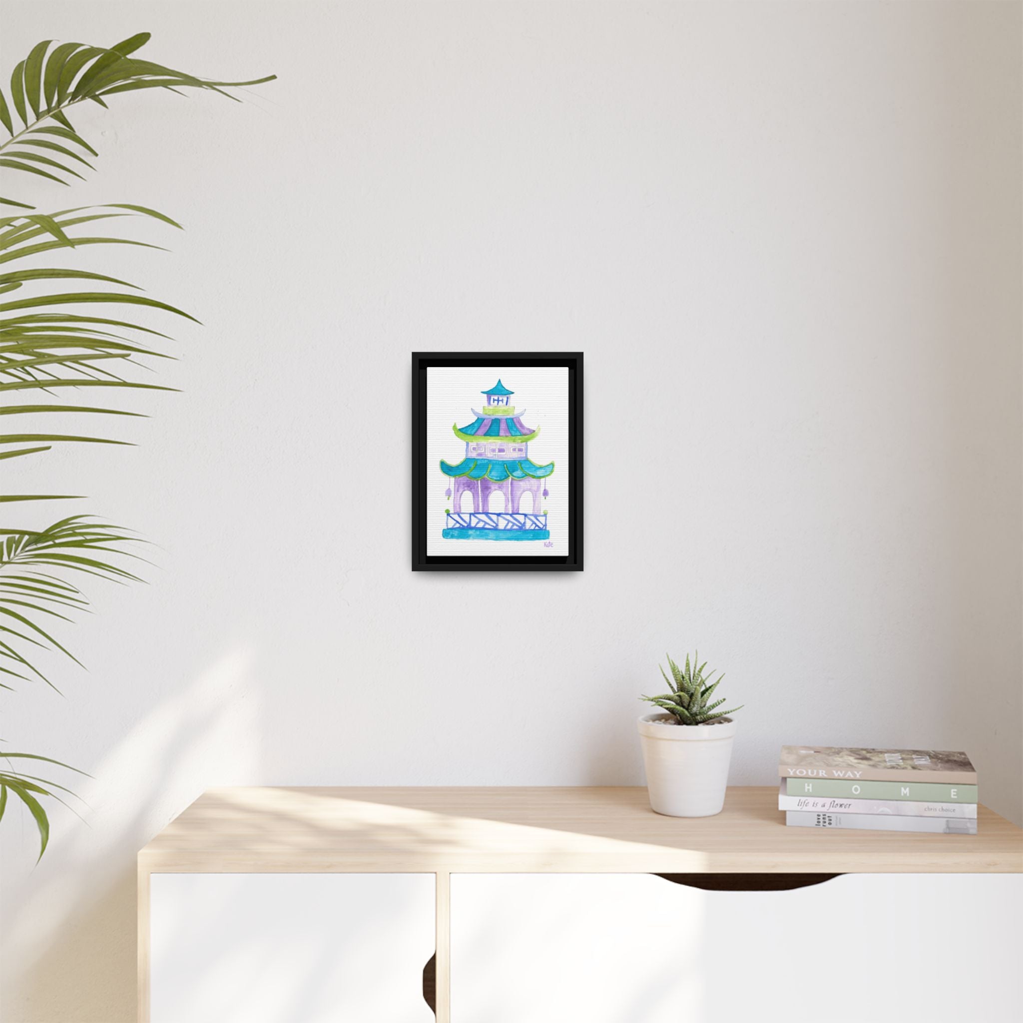 Pagoda Watercolor Wall Art — Framed Matte Canvas Print (Teal & Lavender) - By Kate