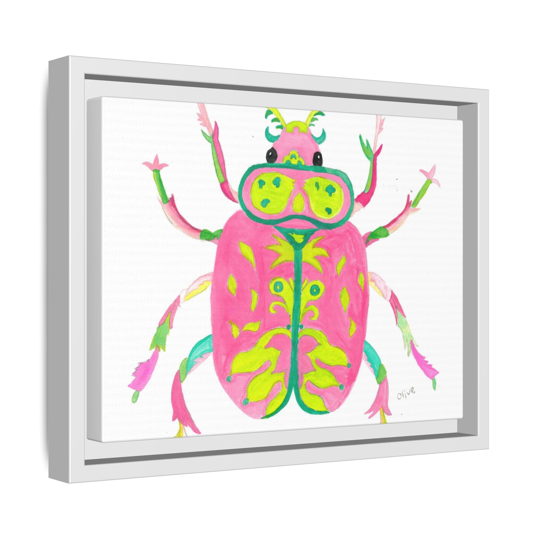 Neon Beetle Framed Canvas Print — Vibrant Pink & Lime Bug Wall Art - By Olive Highfield