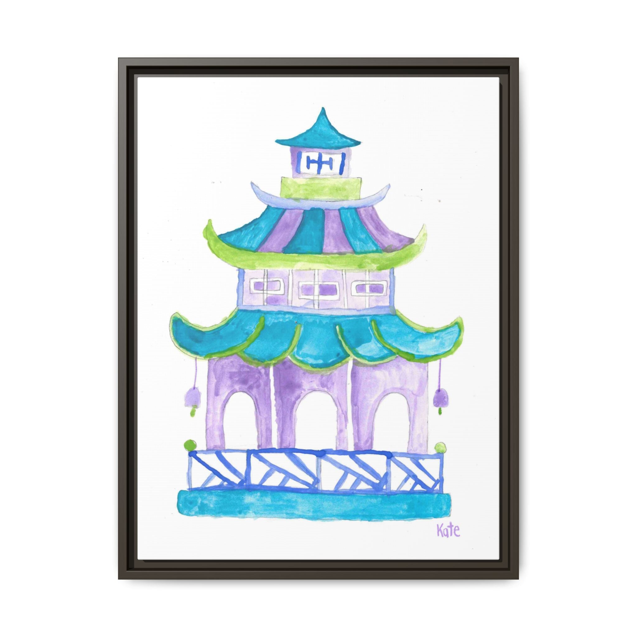 Pagoda Watercolor Wall Art — Framed Matte Canvas Print (Teal & Lavender) - By Kate