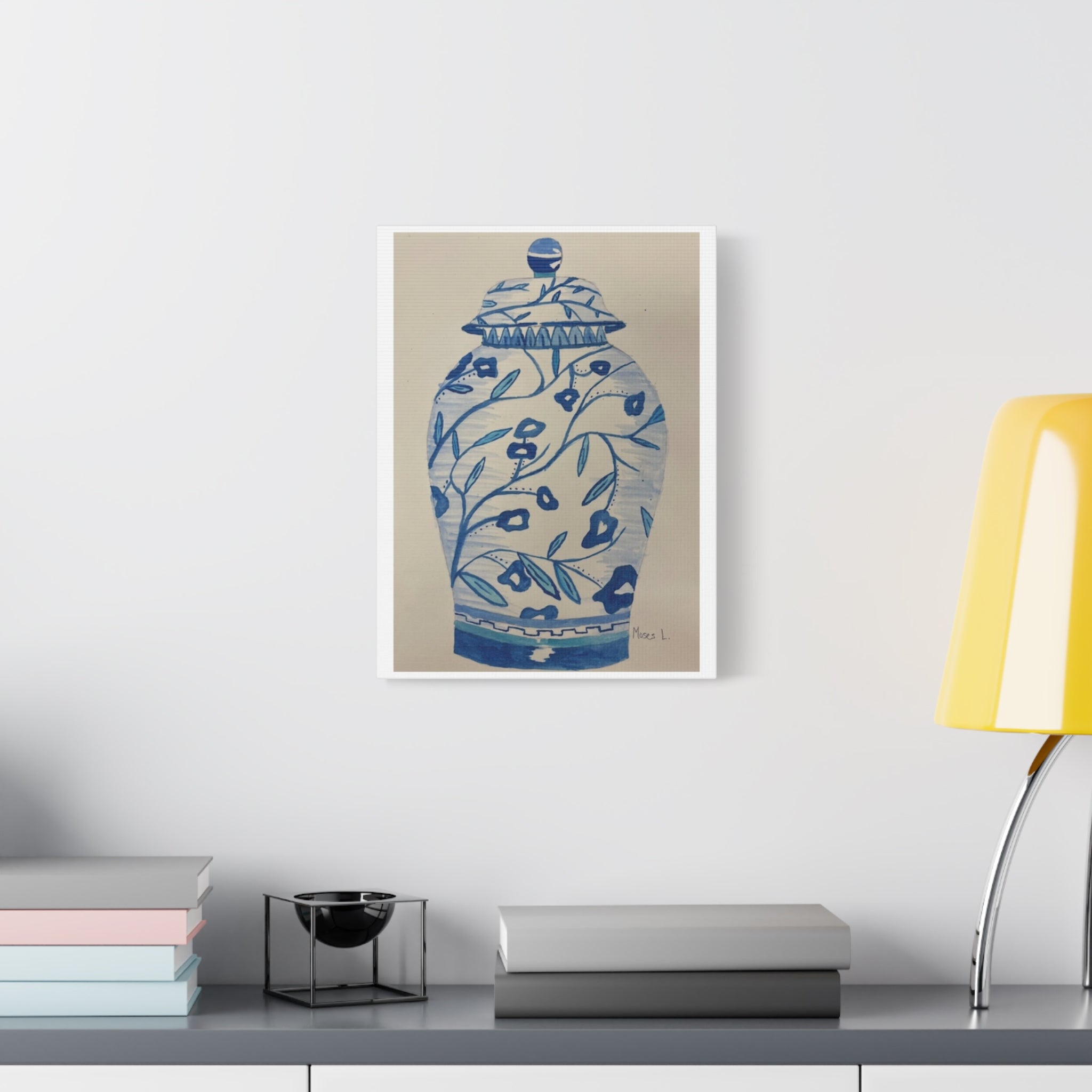 Decorative Canvas Art Print - Blue Floral Vase - BY Moses Lopez