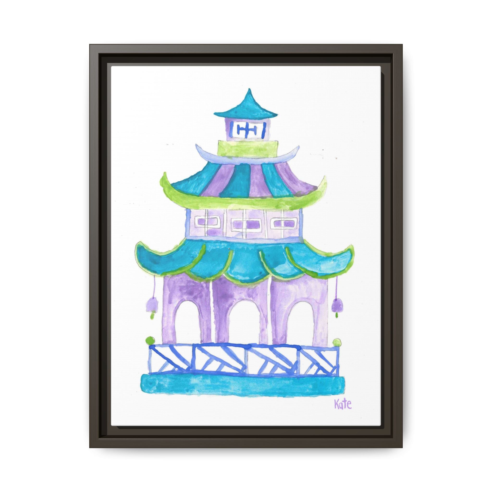 Pagoda Watercolor Wall Art — Framed Matte Canvas Print (Teal & Lavender) - By Kate