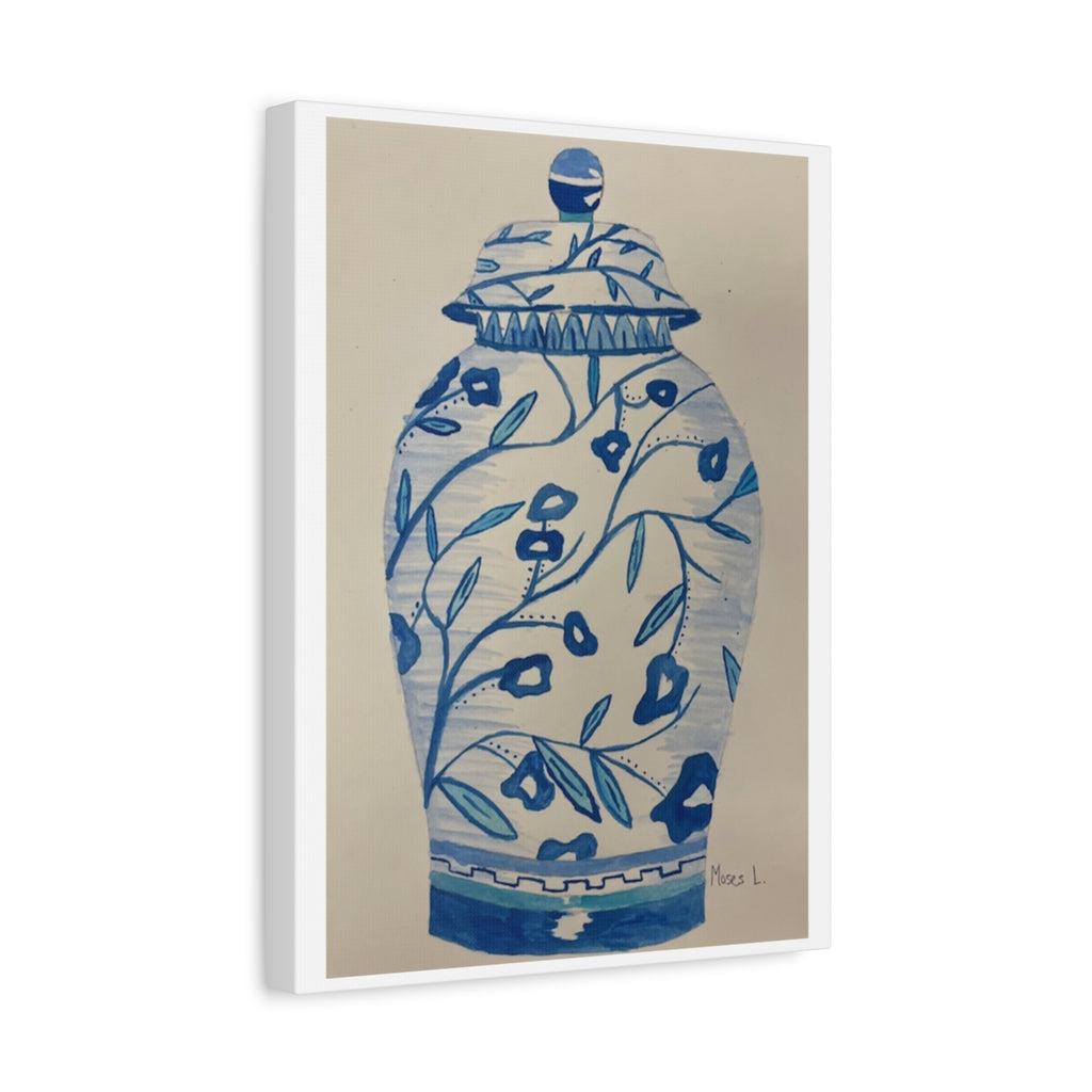 Decorative Canvas Art Print - Blue Floral Vase - BY Moses Lopez