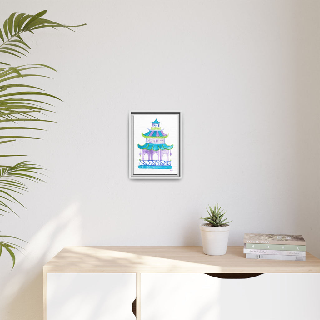 Pagoda Watercolor Wall Art — Framed Matte Canvas Print (Teal & Lavender) - By Kate
