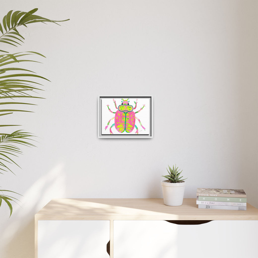 Neon Beetle Framed Canvas Print — Vibrant Pink & Lime Bug Wall Art - By Olive Highfield