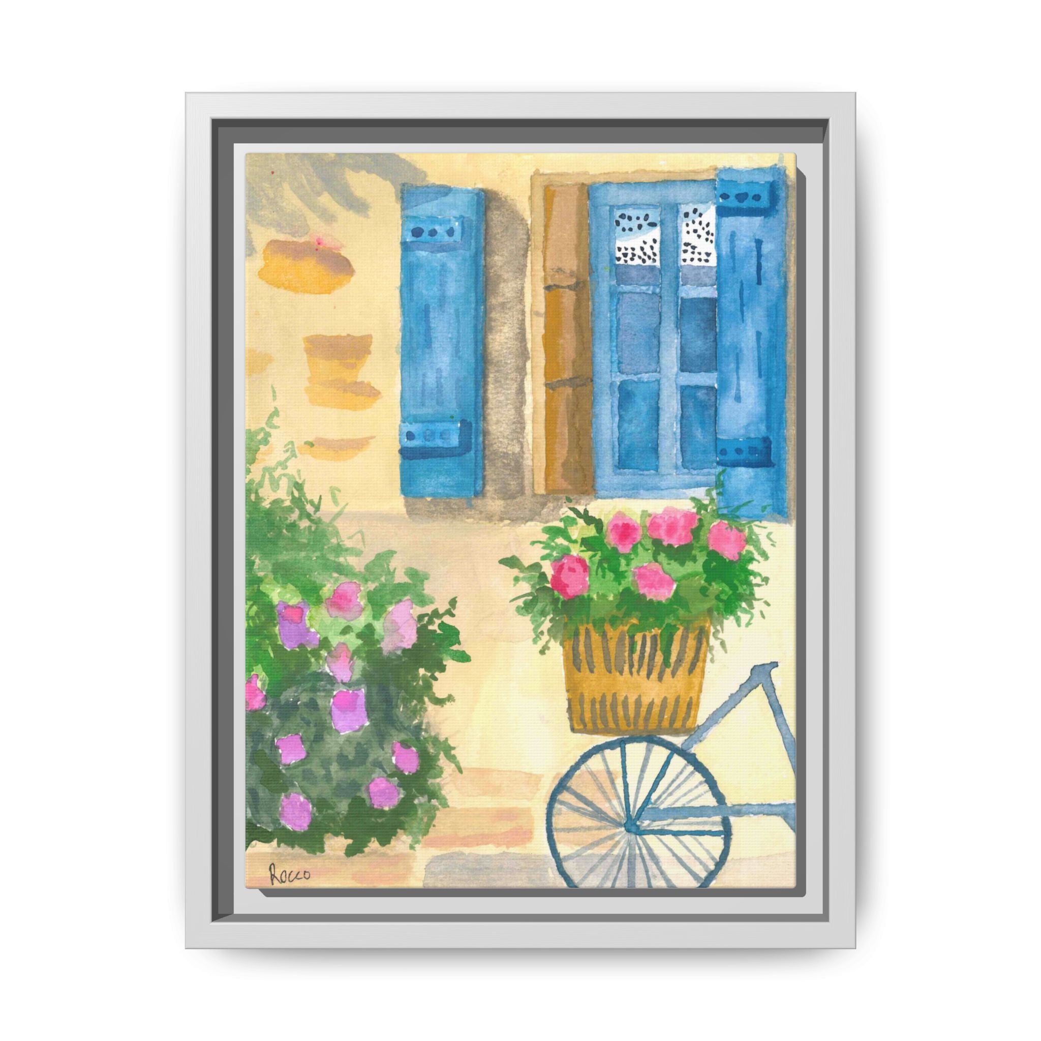 Framed Canvas Art — Bicycle by Blue Shutter Window, Floral Cottage Wall Decor by Rocco Scoggins