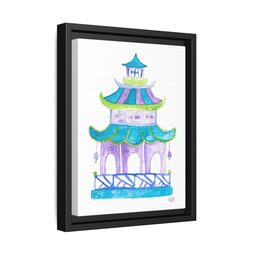 Pagoda Watercolor Wall Art — Framed Matte Canvas Print (Teal & Lavender) - By Kate