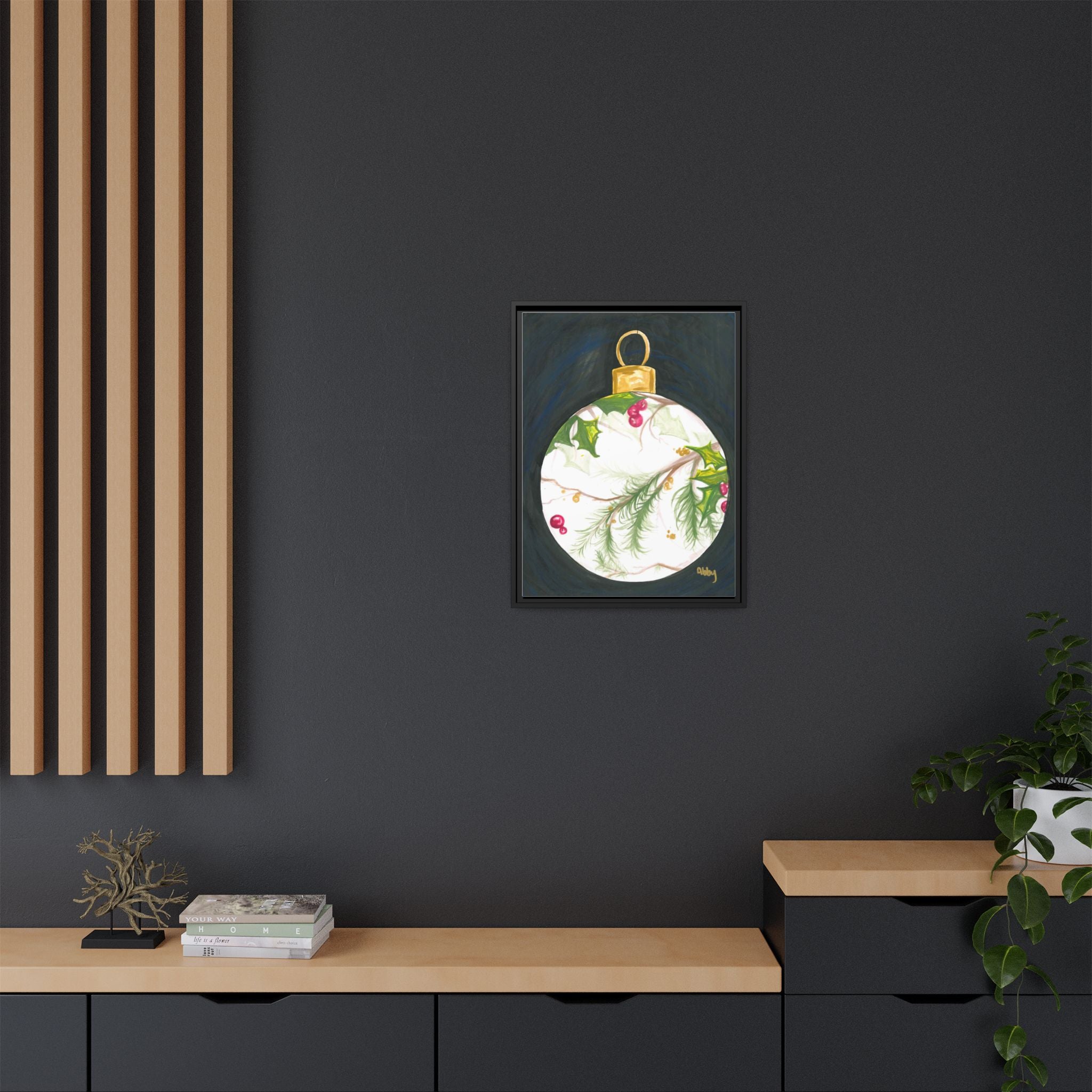 Framed Christmas Ornament Art Print — Holiday Holly & Pine Matte Canvas - By ABBY SANDI
