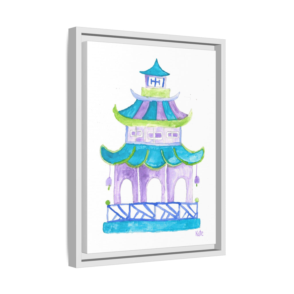 Pagoda Watercolor Wall Art — Framed Matte Canvas Print (Teal & Lavender) - By Kate