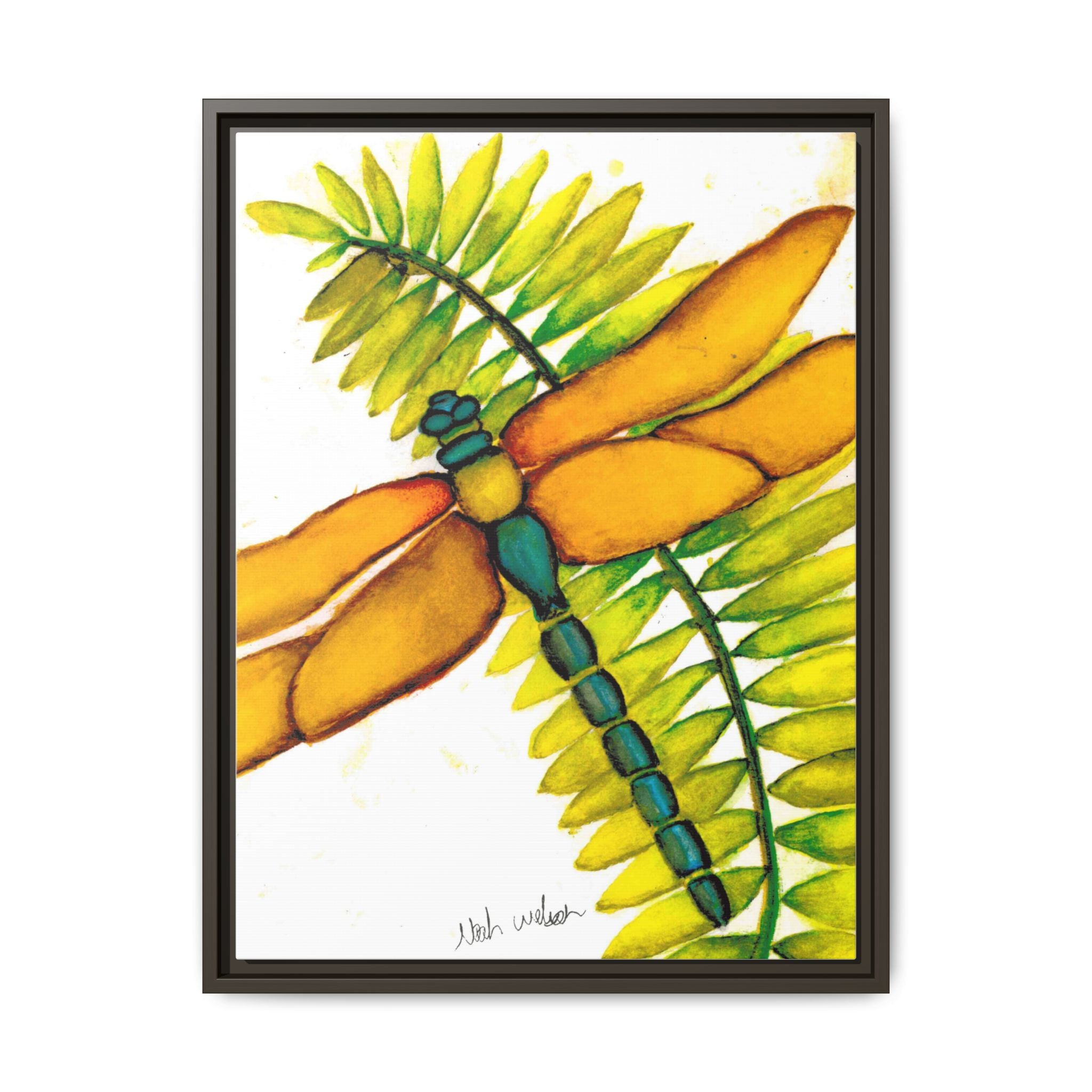Framed Dragonfly Art Print - Tropical Yellow Green Matte Canvas - By Noah Wilson