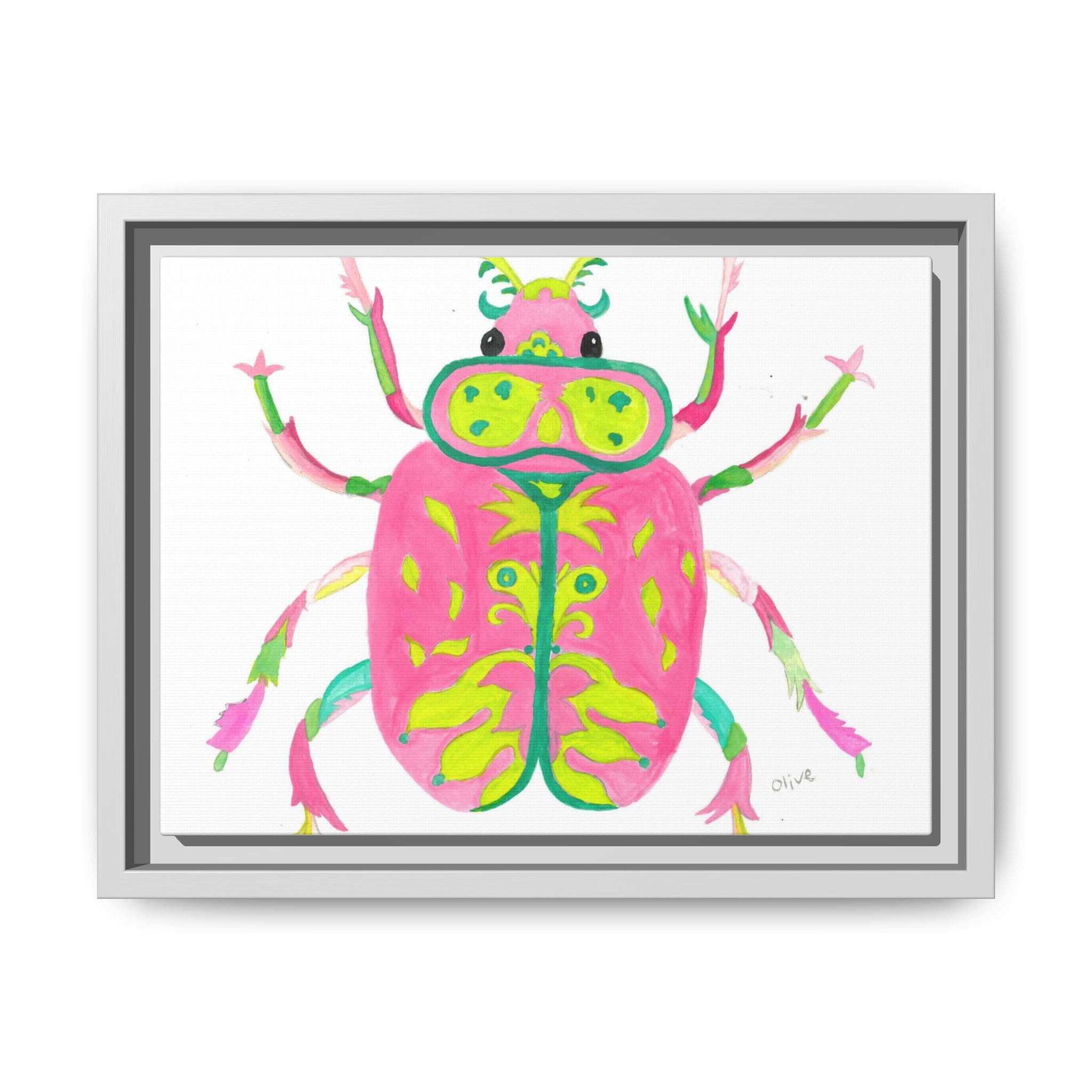Neon Beetle Framed Canvas Print — Vibrant Pink & Lime Bug Wall Art - By Olive Highfield