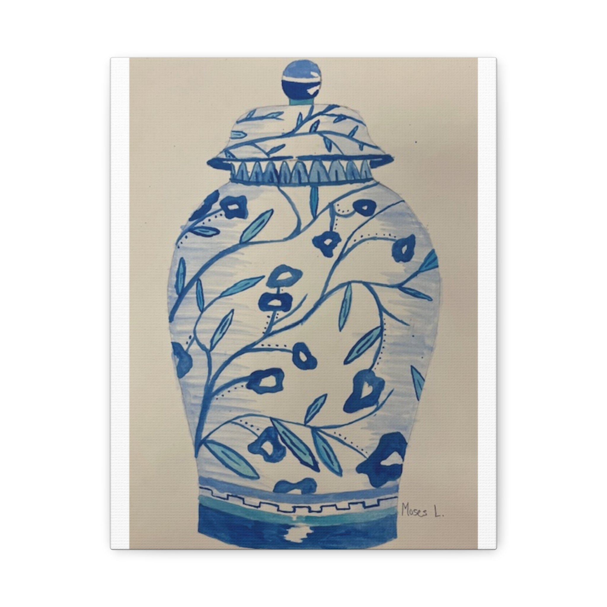 Decorative Canvas Art Print - Blue Floral Vase - BY Moses Lopez