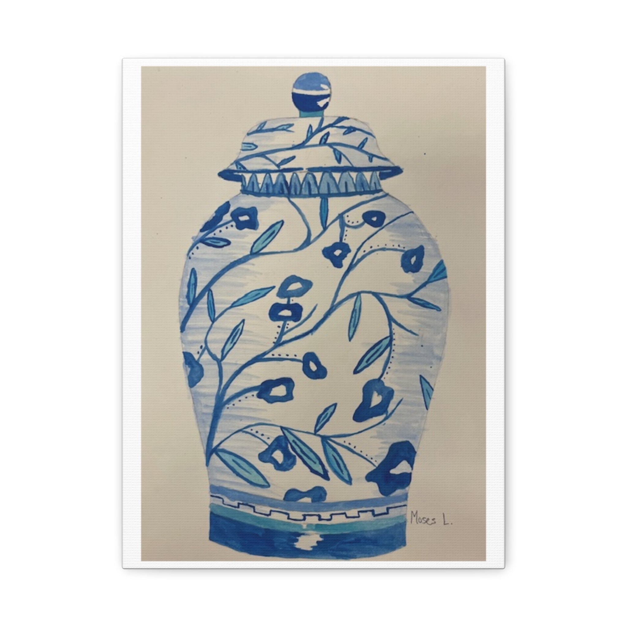 Decorative Canvas Art Print - Blue Floral Vase - BY Moses Lopez