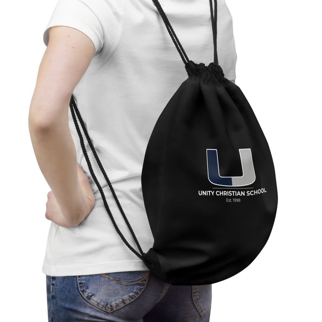 Unity Christian School Black Drawstring Bag — Logo Gym Sackback for Students