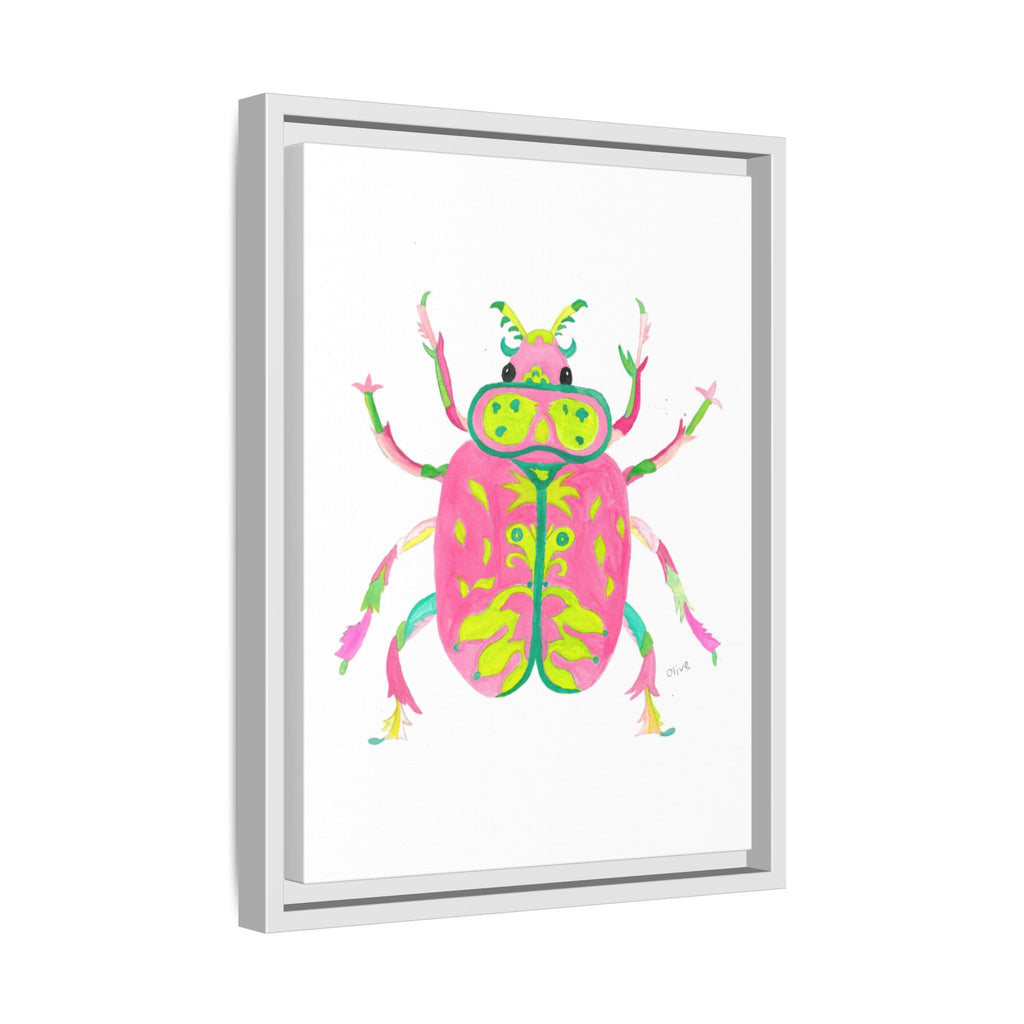 Neon Beetle Framed Canvas Print — Vibrant Pink & Lime Bug Wall Art - By Olive Highfield