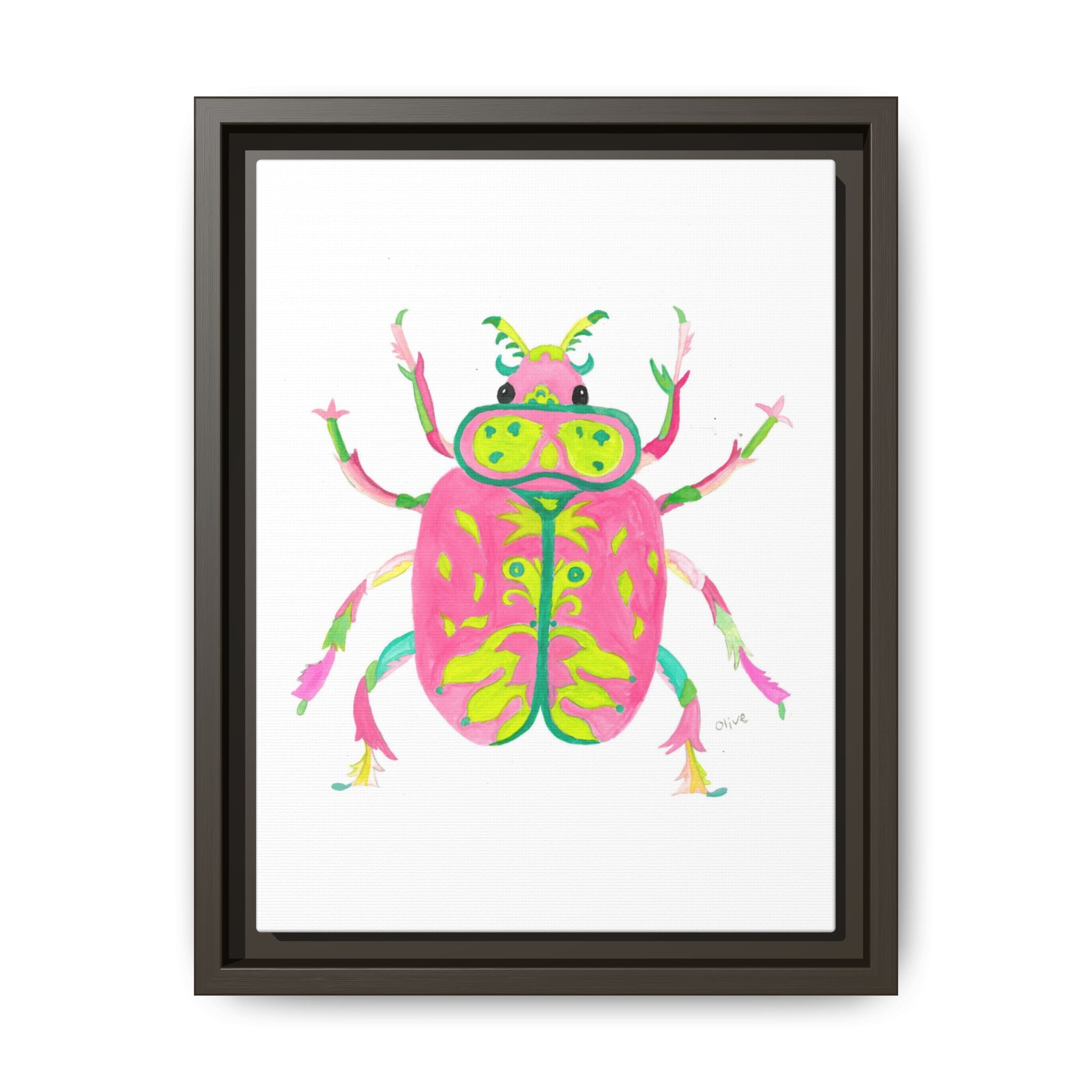 Neon Beetle Framed Canvas Print — Vibrant Pink & Lime Bug Wall Art - By Olive Highfield