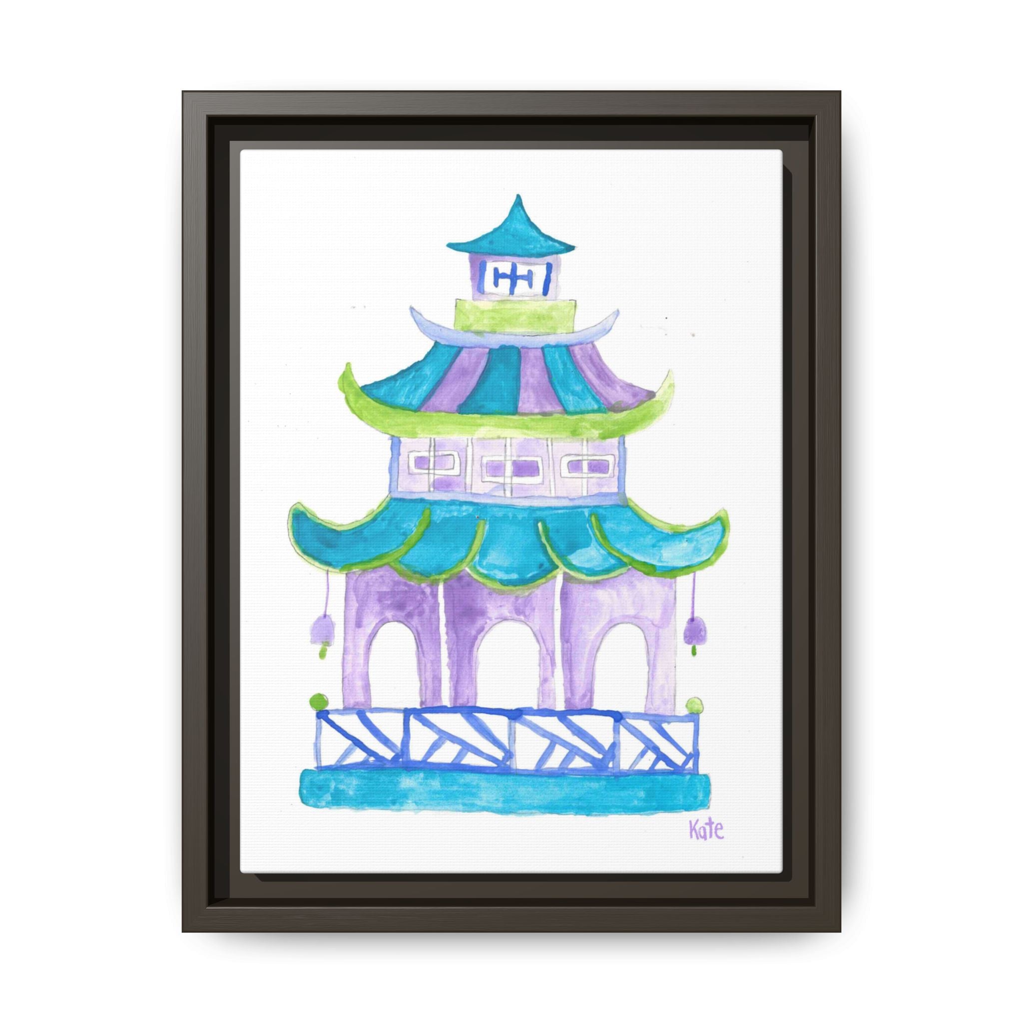 Pagoda Watercolor Wall Art — Framed Matte Canvas Print (Teal & Lavender) - By Kate