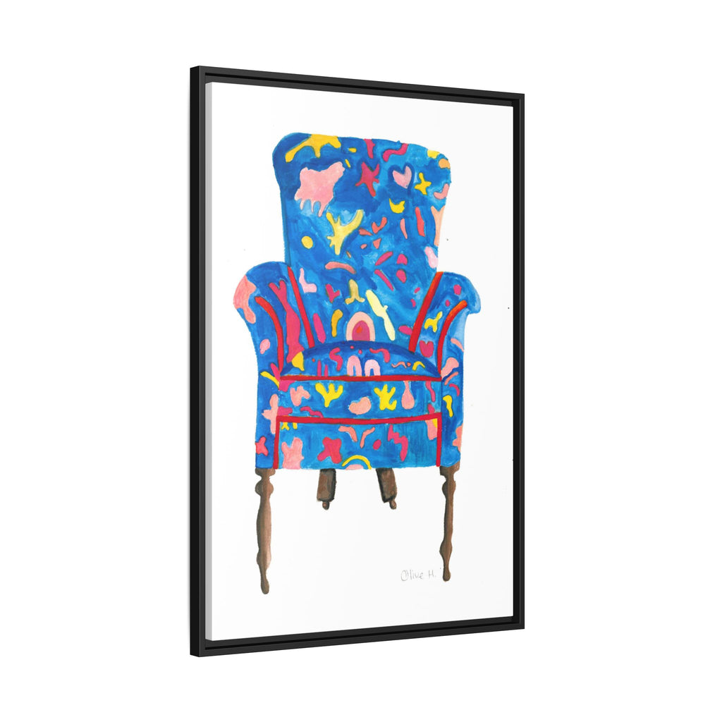 Framed Bright Blue Armchair Canvas Print — Colorful Floral Accent Art - By Olive Highfield