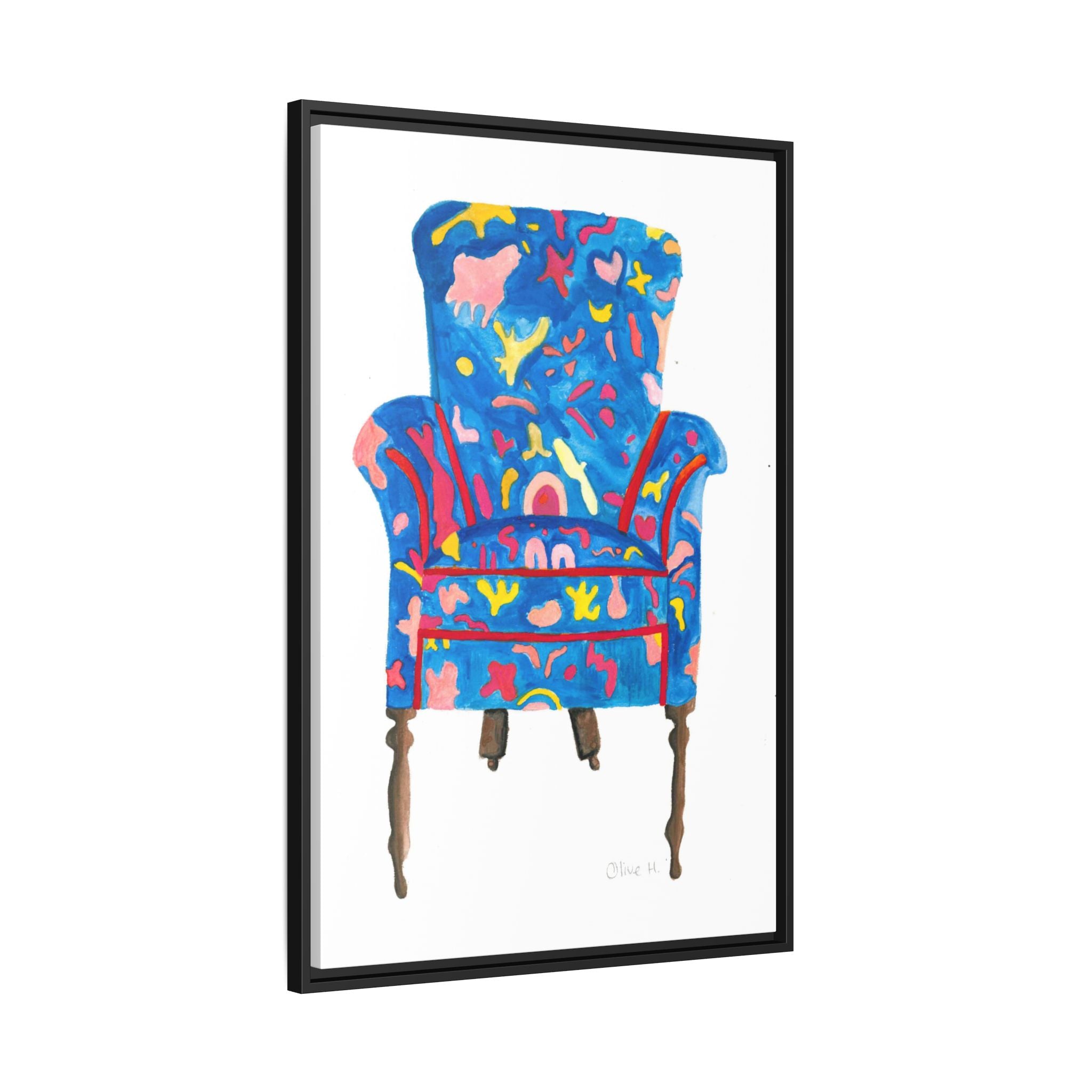 Framed Bright Blue Armchair Canvas Print — Colorful Floral Accent Art - By Olive Highfield