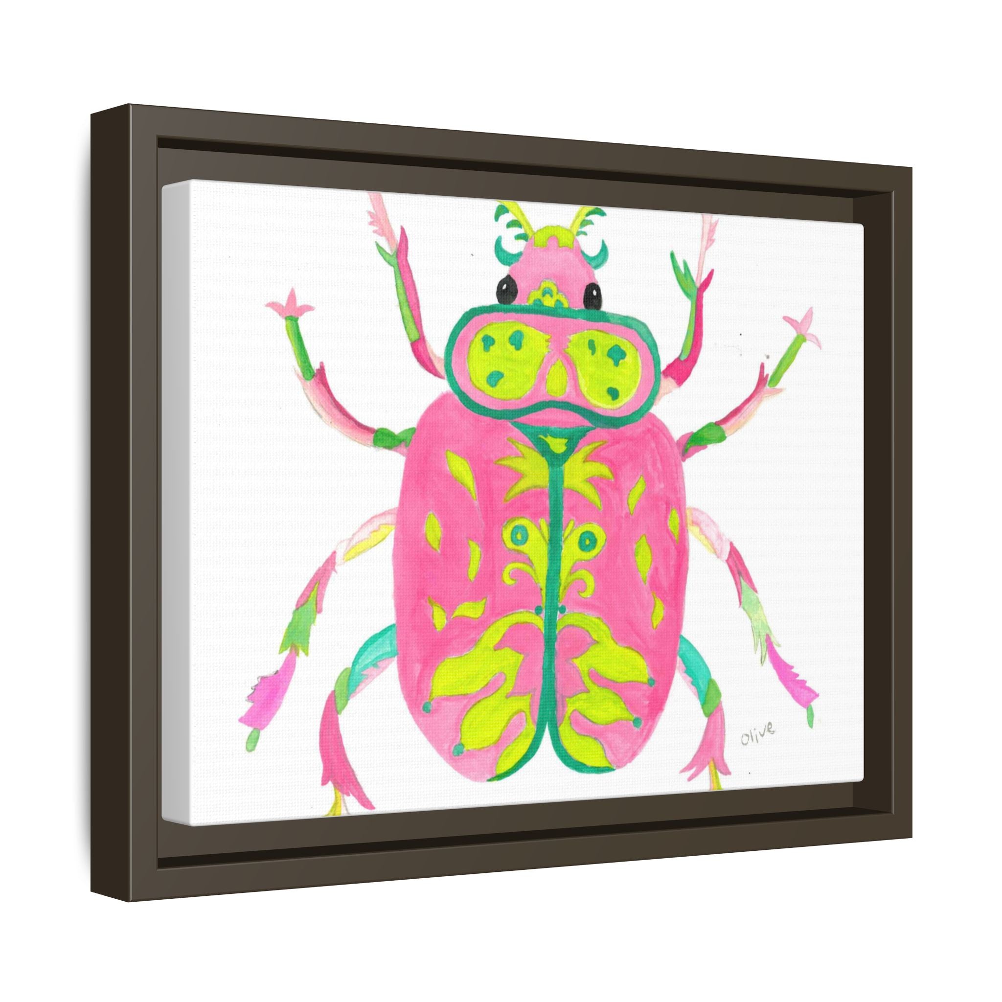 Neon Beetle Framed Canvas Print — Vibrant Pink & Lime Bug Wall Art - By Olive Highfield
